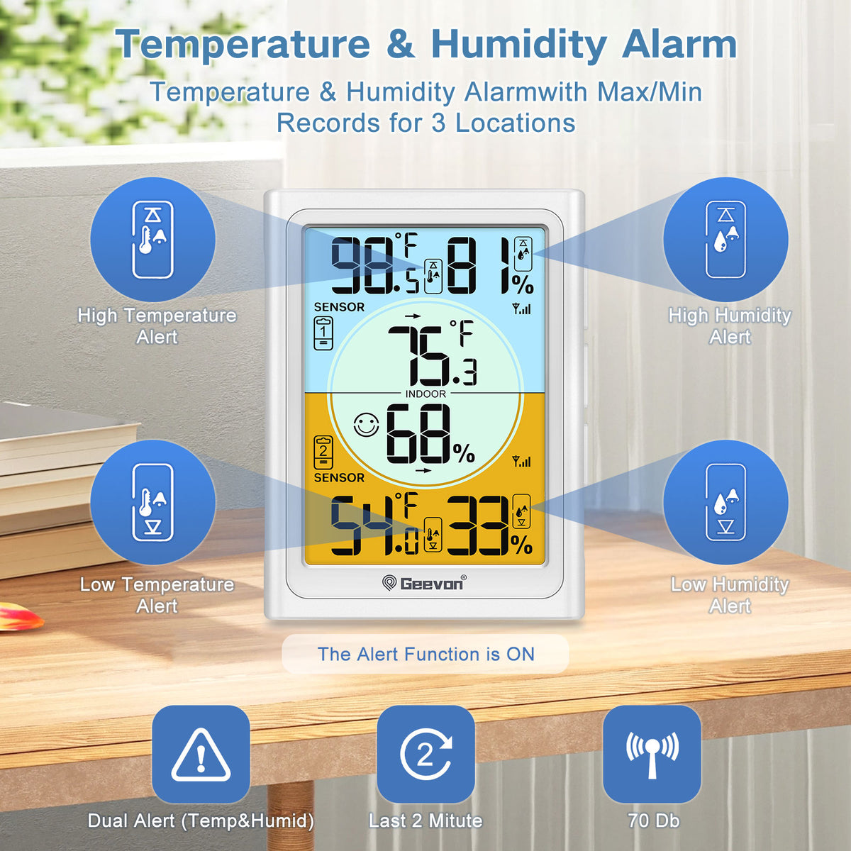 Geevon Wireless Refrigerator Thermometer, Dual Sensor Wireless Digital Fridge Freezer Thermometer Hygrometer with Alarm, Backlight, 330FT Remote Range for Home and Restaurants