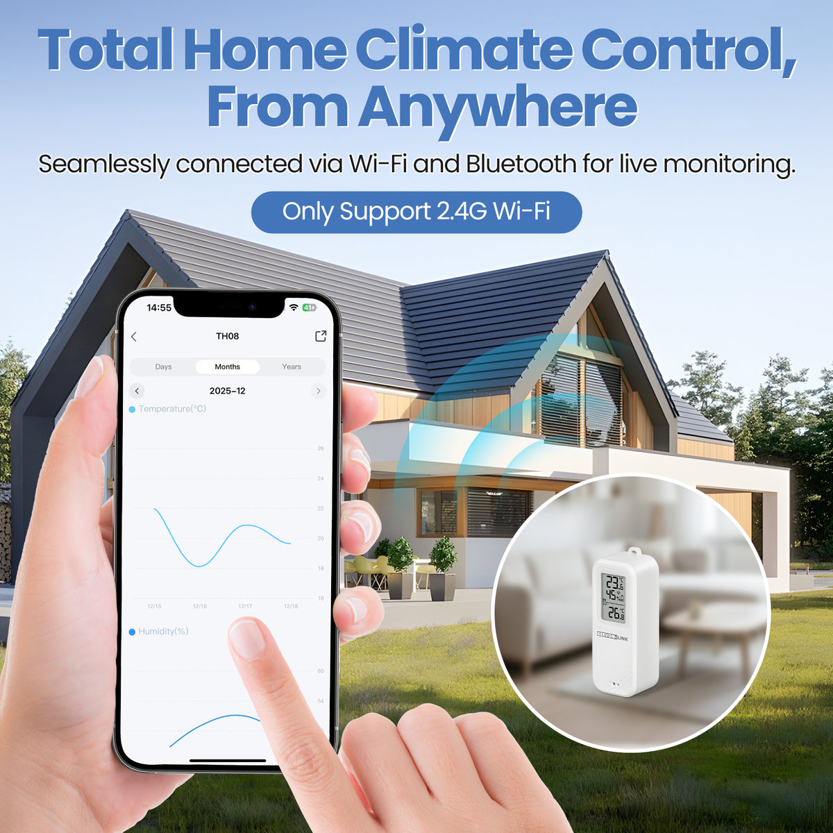 Geevon WiFi Refrigerator Thermometer with Alarm, Freezer Temperature with Probe, Wireless Digital Fridge Thermometer Humidity Sensor, Historical Data Export, for Home Kitchen Fridge Tub(1 Pack)