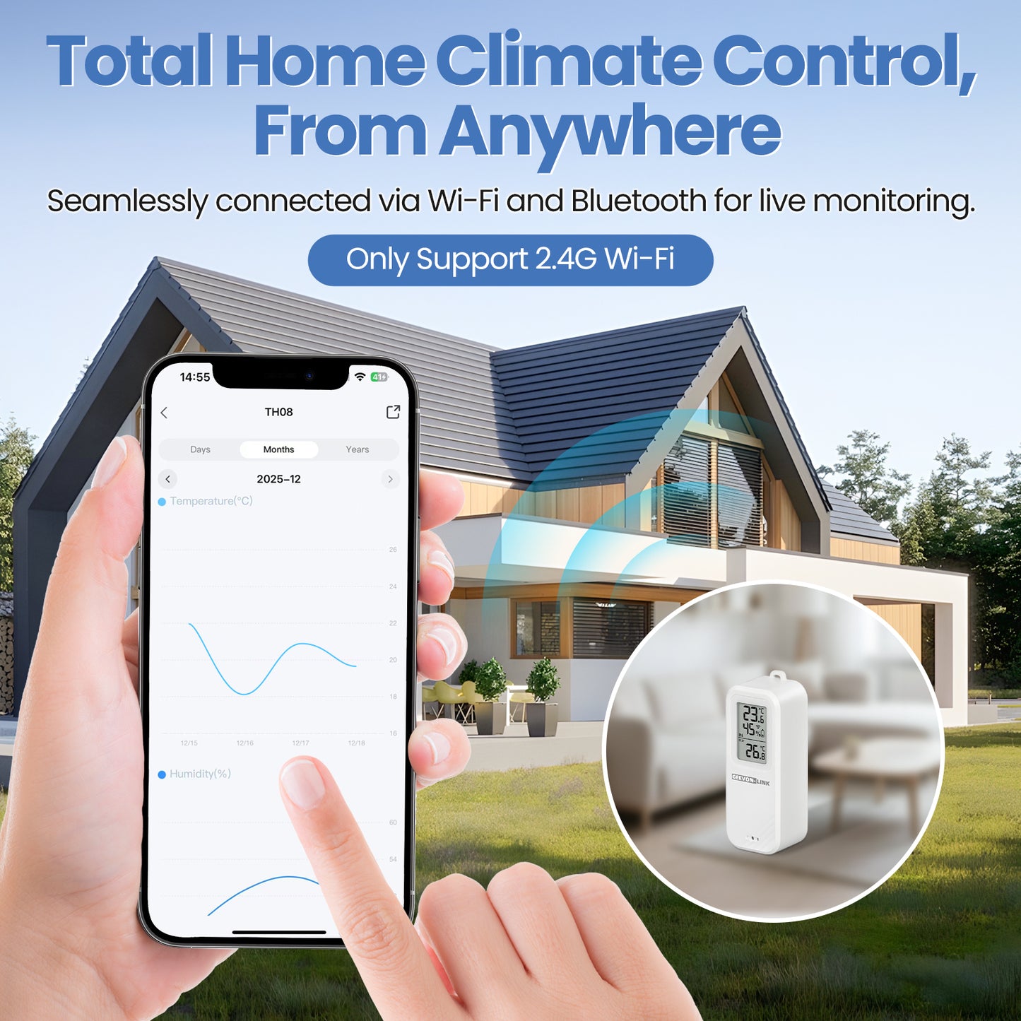 Geevon WiFi Refrigerator Thermometer with Alarm, Freezer Temperature with Probe, Wireless Digital Fridge Thermometer Humidity Sensor, Historical Data Export, for Home Kitchen Fridge Tub(1 Pack)