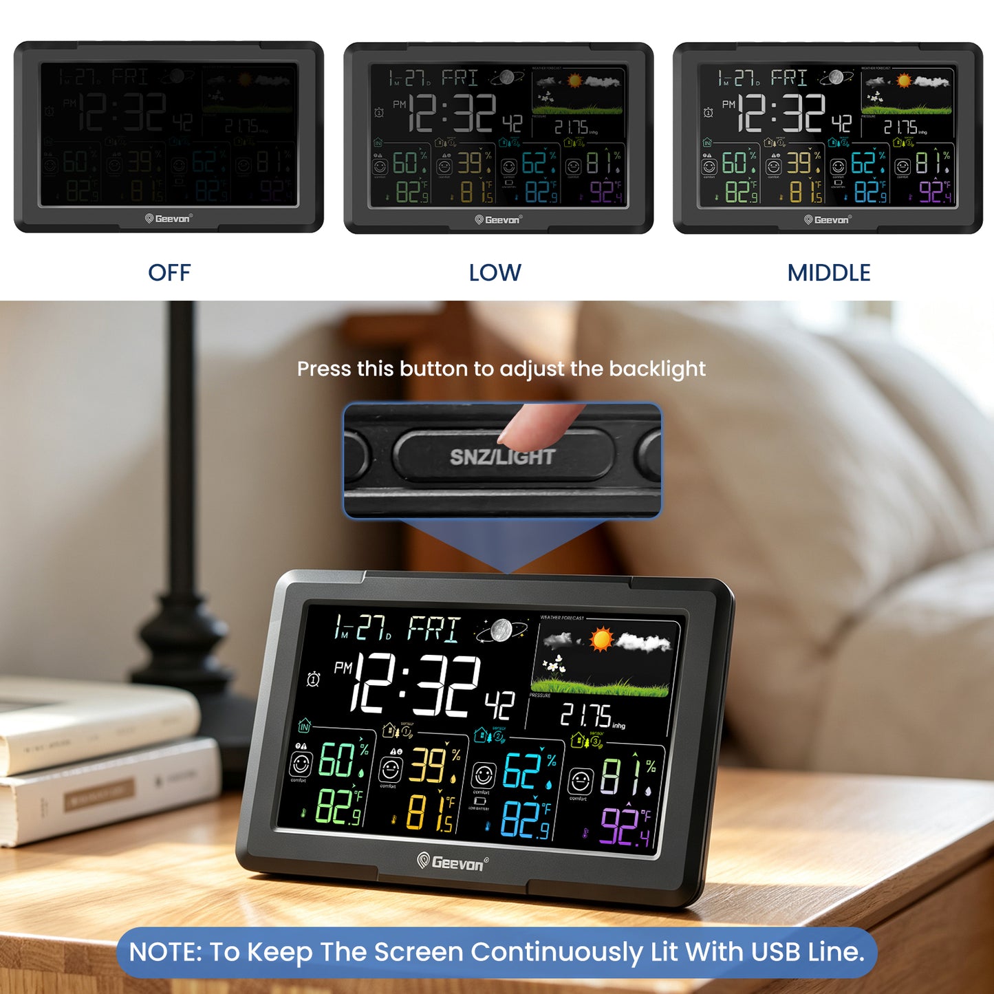 Geevon 7. 5Inch Large Screen Weather Station Wireless Indoor Outdoor Thermometer Hygrometer, With 3 Sensors, Snooze, Digital Weather Thermometer With Alarm Clock Adjustable Backlight