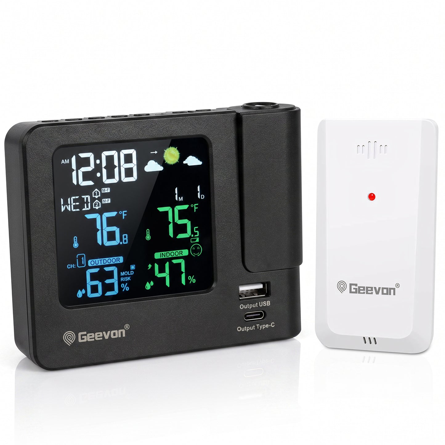 Geevon Projection Alarm Clock for Bedrooms with Weather Station, Wireless Indoor Outdoor Thermometer, Temperature Humidity Monitor Gauge Hygrometer