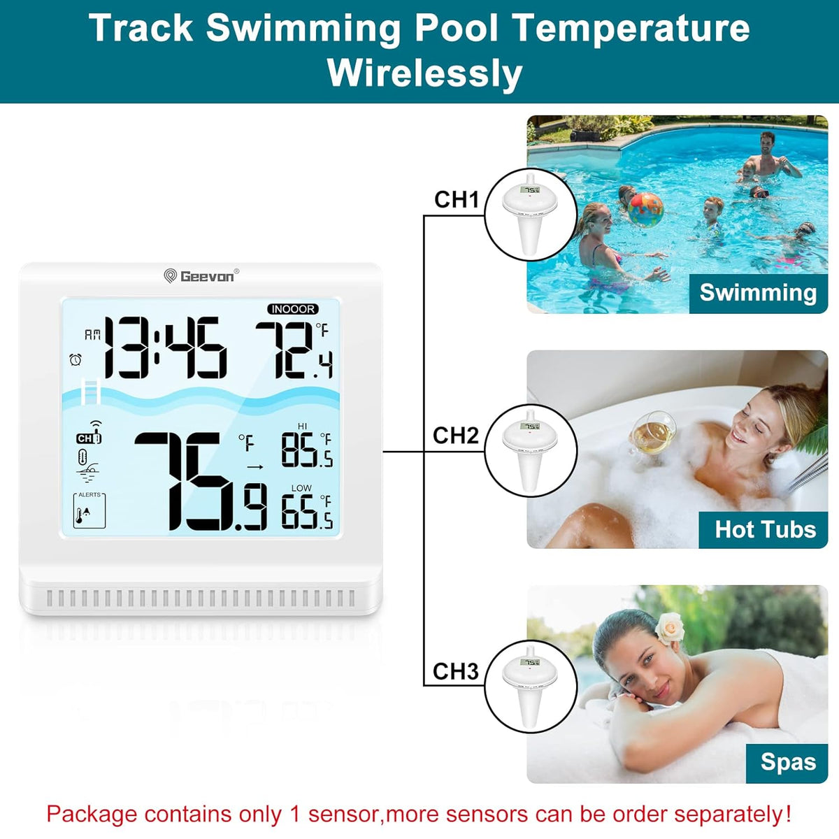 Geevon Digital Pool Thermometer Floating Easy Read, Remote Digital Pool Thermometer Wireless with High & Low Alert, 4.9" Large Display and 10S Backlit for Swimming Pool, Bath Water, Spas and Hot Tubs
