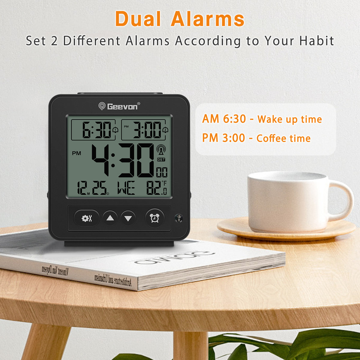 Geevon Small Digital Atomic Alarm Clock for Bedroom, Battery Operated Travel Alarm Clock with Auto/8s Backlight, 2 Alarm, Temperature, for Deep Sleepers Kids Elderly Home Office(Black)