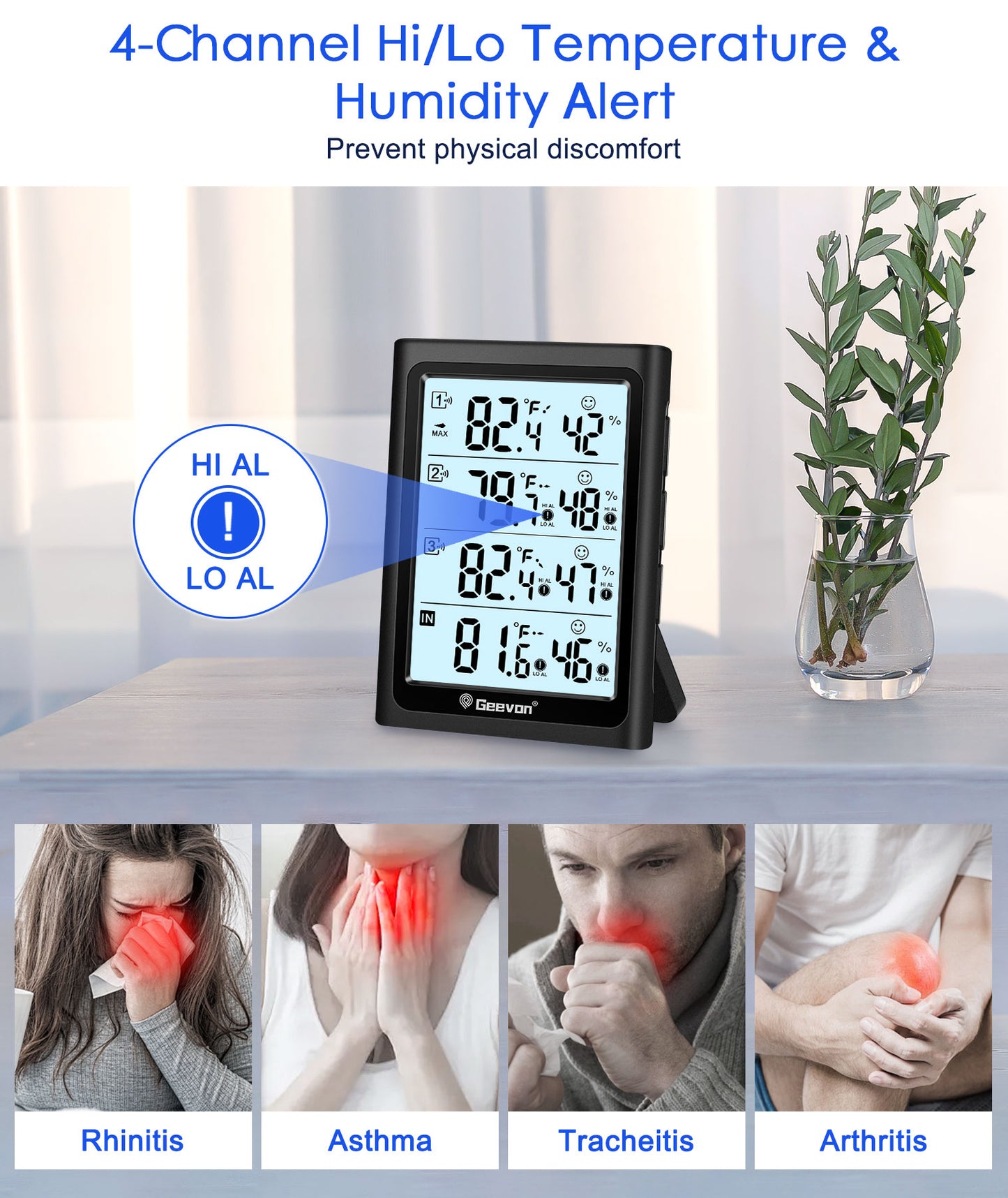 Geevon Indoor Outdoor Thermometer Digital Wireless with 3 Outdoor Sensors, Large LCD Display Digital Temperature Humidity Gauge with Backlight (LCD Display)