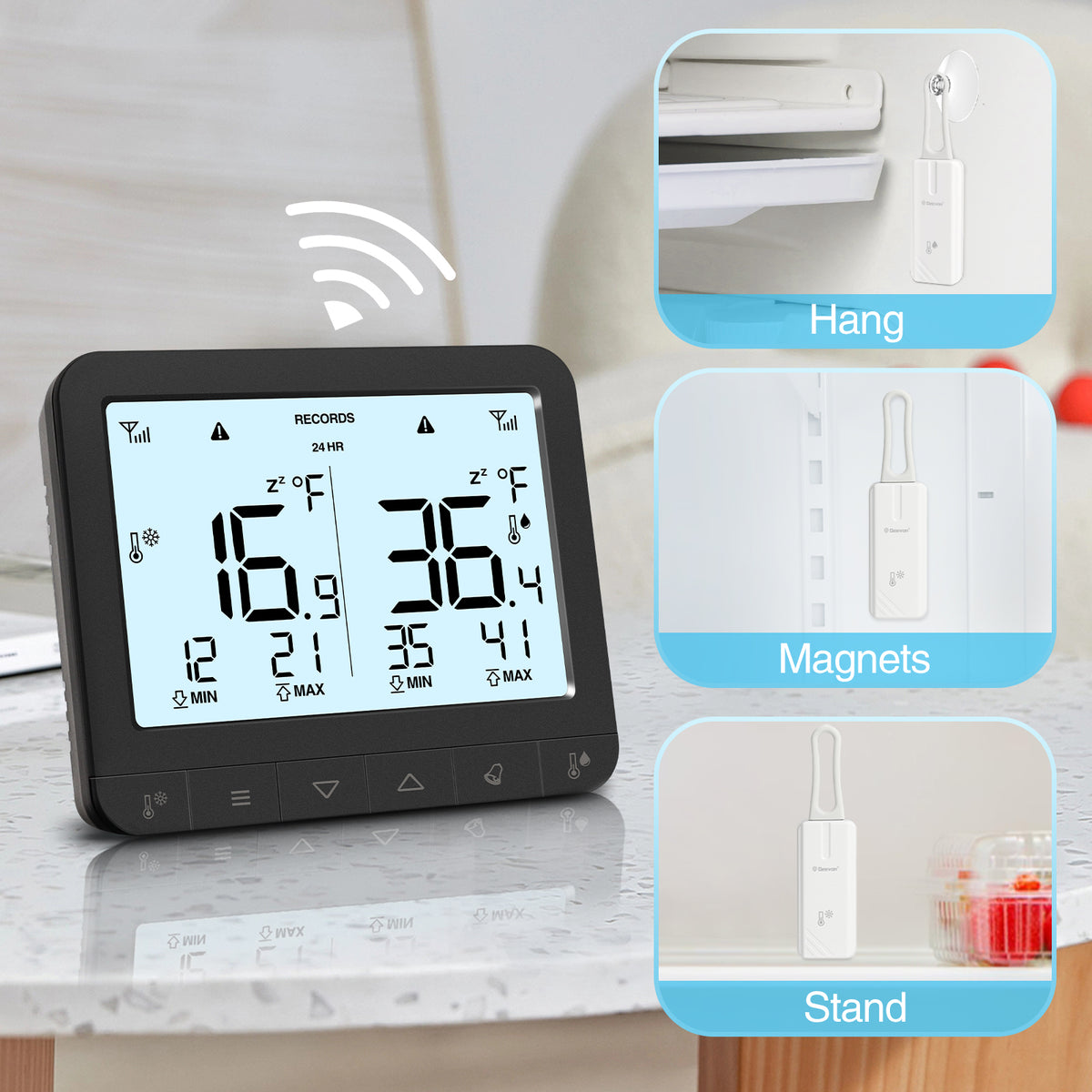 Geevon Digital Refrigerator Thermometer with Alarm, Low Battery Warning Icon, Max/Min Temperature LCD Display, Suitable for Domestic or Commercial Use Freezer Thermometer with Alarm