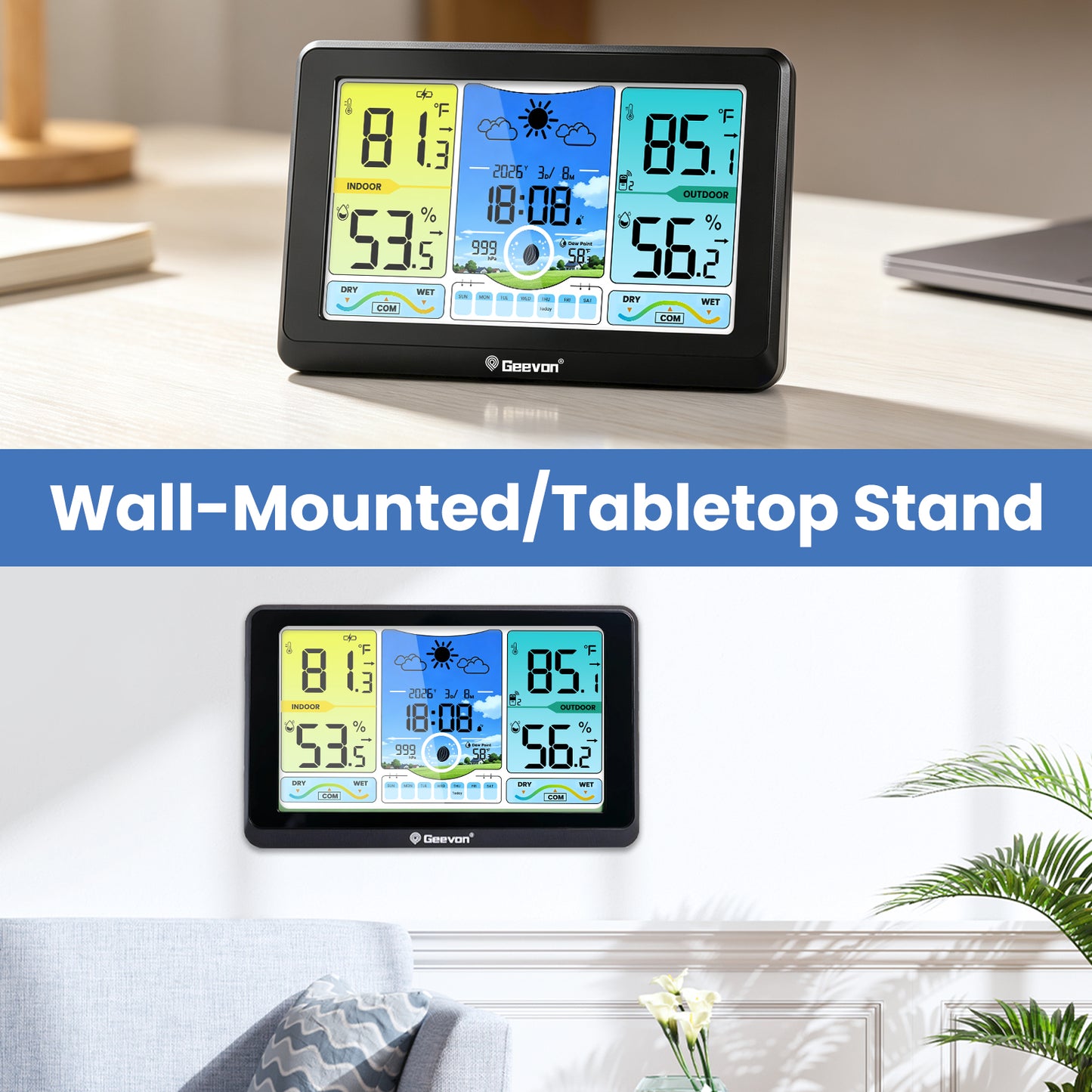 Geevon 7. 5-inch Large Screen Weather Station Wireless Indoor/Outdoor Thermometer Hygrometer with Dew Point, Heat Index, VA Display, Digital Weather Temperature Thermometer