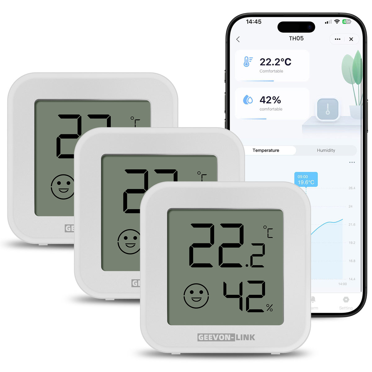 Geevon Bluetooth Thermometer Hygrometer, Indoor Temperature Humidity Sensor with HD Display, App Notification Alert, Historical Data Storage and Export(3 Pack )