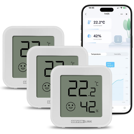 Geevon Bluetooth Thermometer Hygrometer, Indoor Temperature Humidity Sensor with HD Display, App Notification Alert, Historical Data Storage and Export(3 Pack )