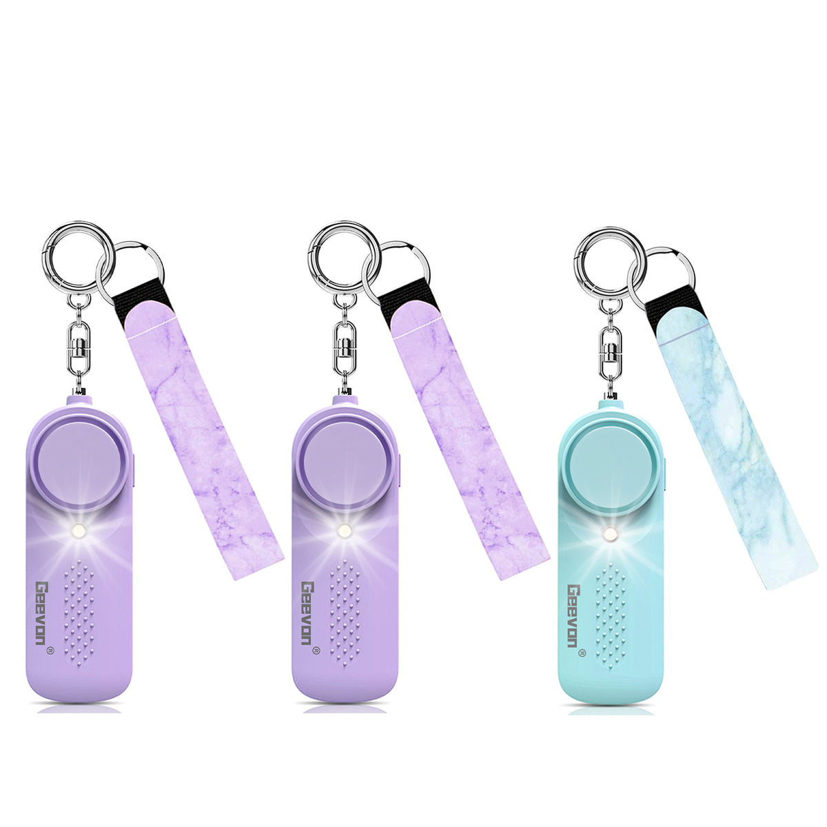 Geevon 3 Pack Personal Safety Alarms, 130DB Safe Sound Self Defense Alarm Siren with Strobe Light, Emergency Security Alert Devices for Women, Elderly, Children (2 Pack Purple & 1 Pack Mint Green)