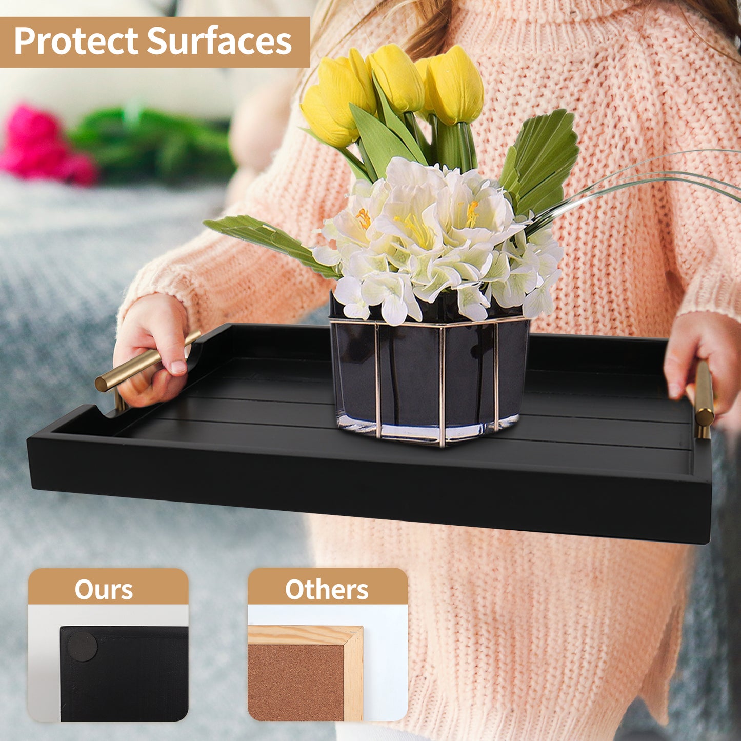 Sxnows Coffee Table Trays - Large Ottoman Tray for Living Room -Wood Serving Tray with 2 Sets of Handles - Wooden Tray for Coffee Table, 4 Round Coasters Included(Black)