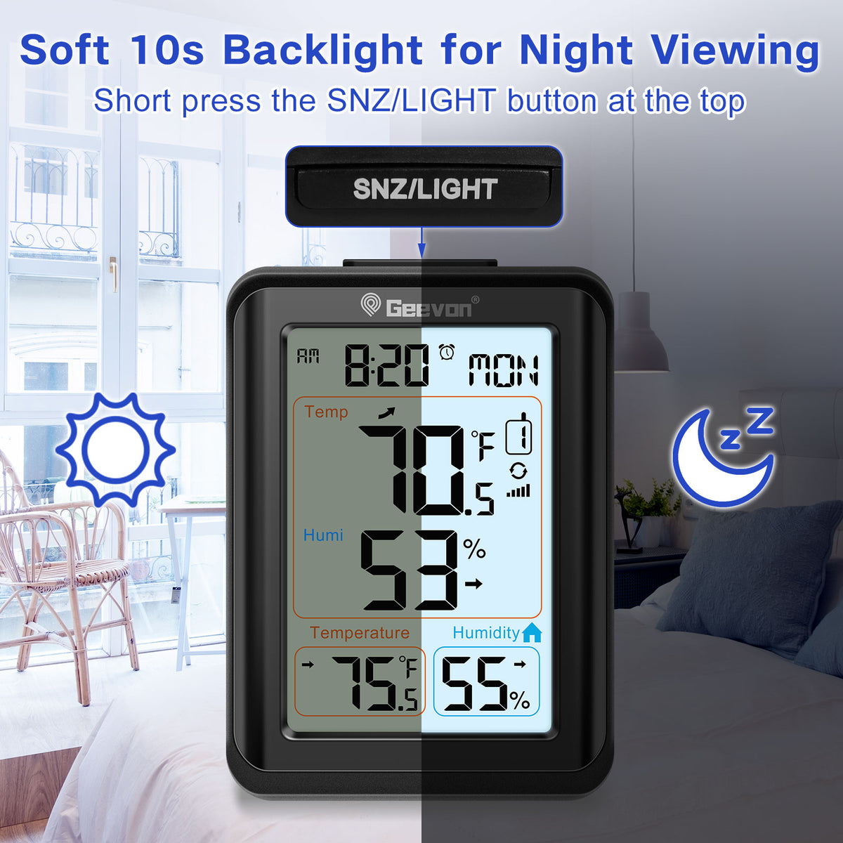 Geevon Indoor Outdoor Thermometer Wireless, Digital Temperature & Humidity Monitor with Alarm Clock, 3.8" Large Display, Backlight, 3 Channels, Battery Operated for Home, Bedroom, Greenhouse
