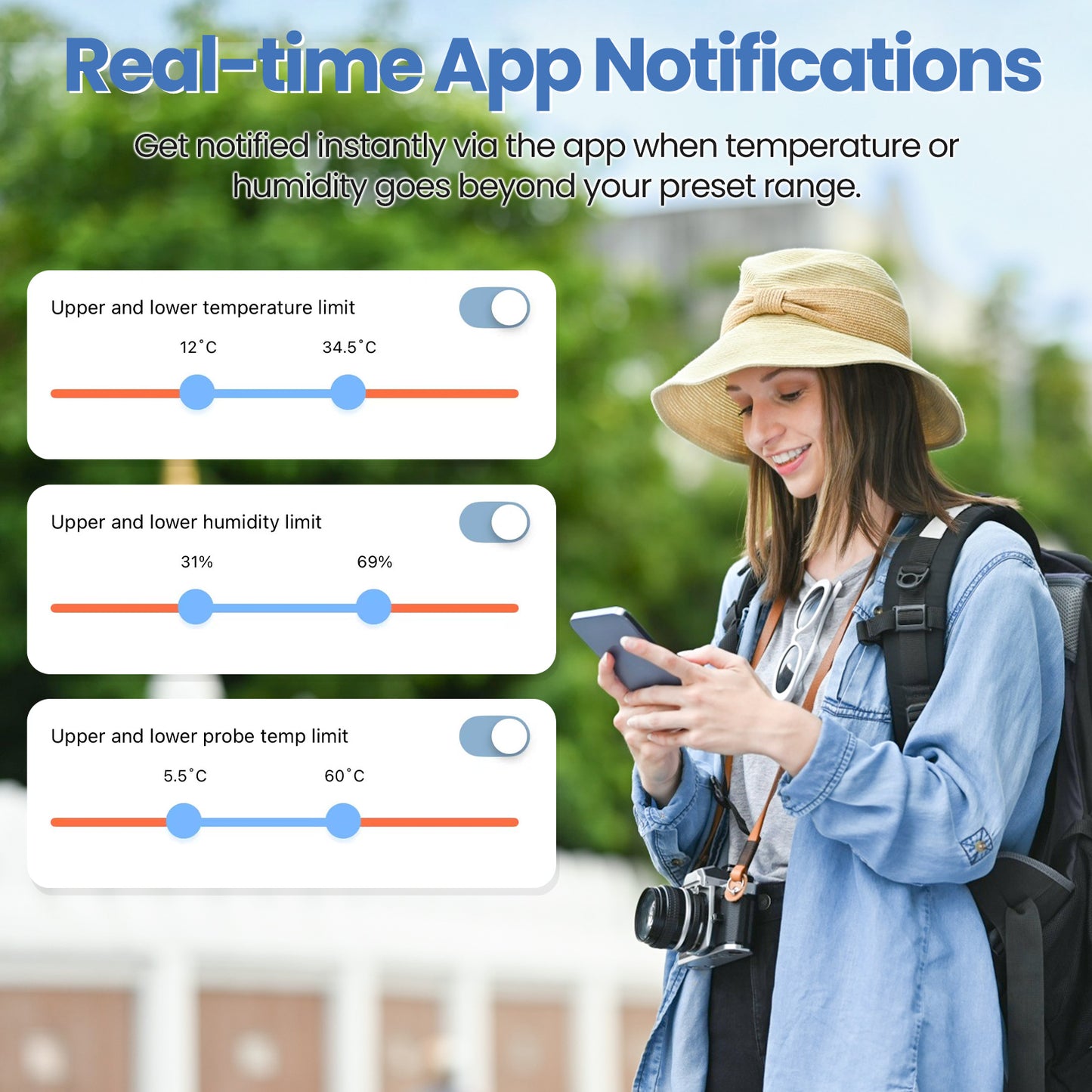 Geevon WiFi Refrigerator Thermometer with Alarm, Freezer Temperature with Probe, Wireless Digital Fridge Thermometer Humidity Sensor, Historical Data Export, for Home Kitchen Fridge Tub(1 Pack)
