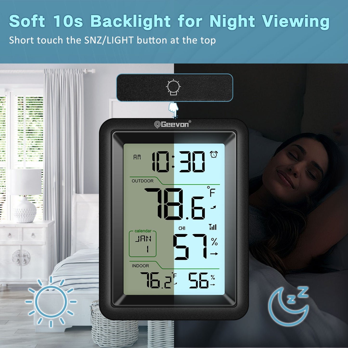 Geevon Wireless Indoor Outdoor Thermometer & Hygrometer with Remote Sensor, Digital Thermohygrometer Monitor with Alarm Clock, 10s Backlight, for Home, Bedroom, Greenhouse