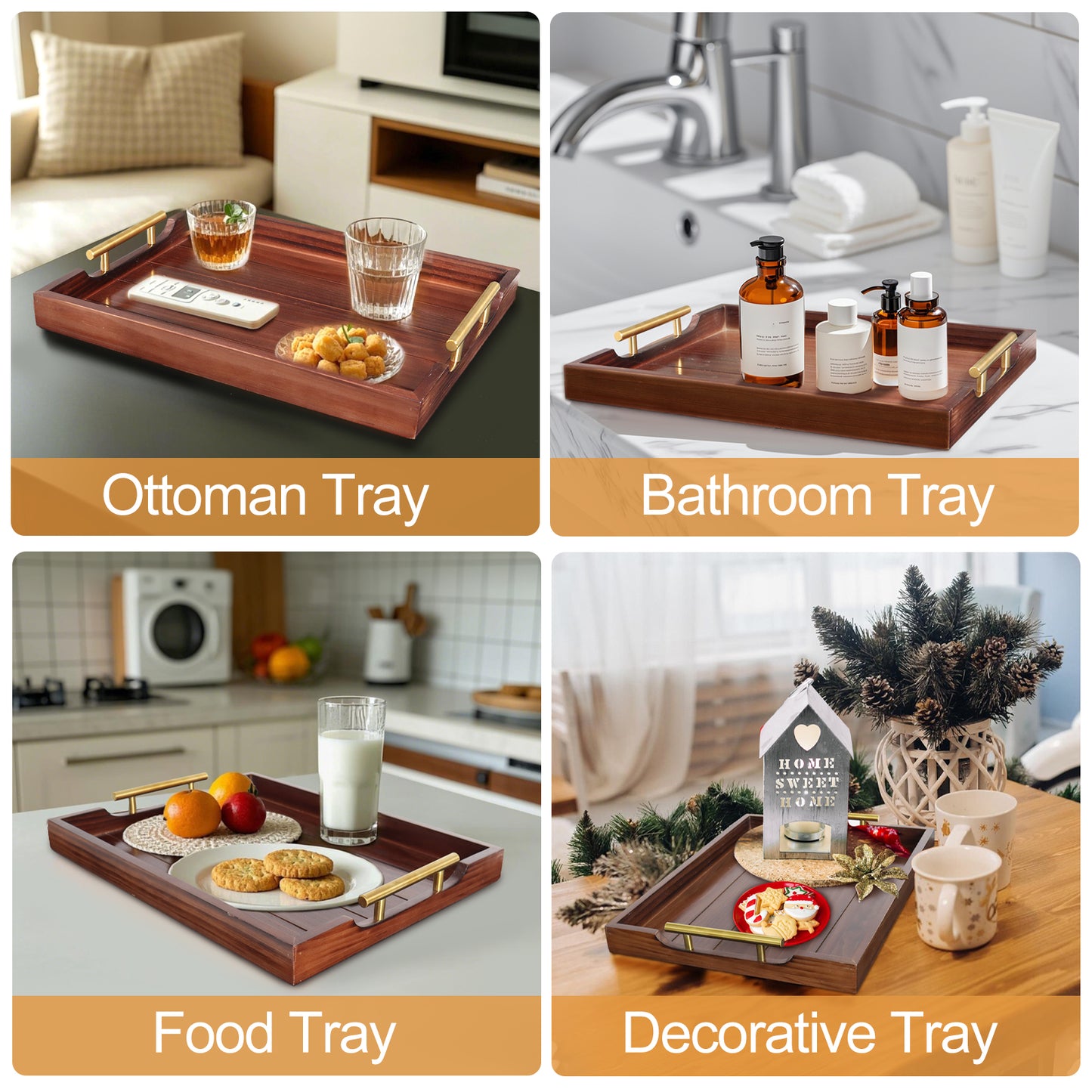 Sxnows Coffee Table Trays - Large Ottoman Tray for Living Room -Wood Serving Tray with 2 Sets of Handles - Wooden Tray for Coffee Table, 4 Round Coasters Included(Dark Brown)