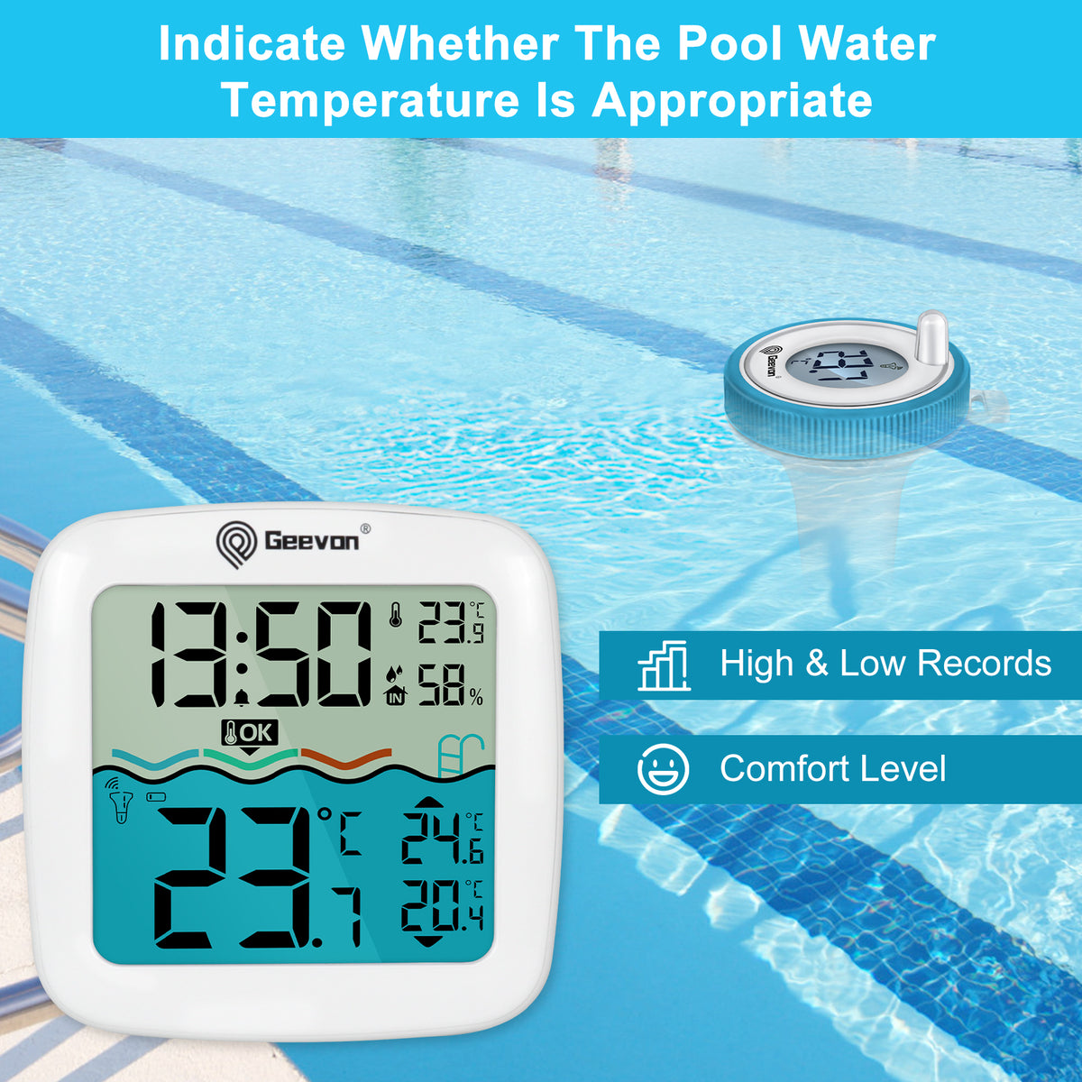 Geevon Digital Pool Thermometer Large-Size Thermometer with Backlit Display Temperature Monitor for Hot Tubs/Ice Baths/Pools/SPA/Aquariums/Ponds Spring & Summer Kit Early Warning Display Time Display with Alarm Function  12/24-Hour Format Switch