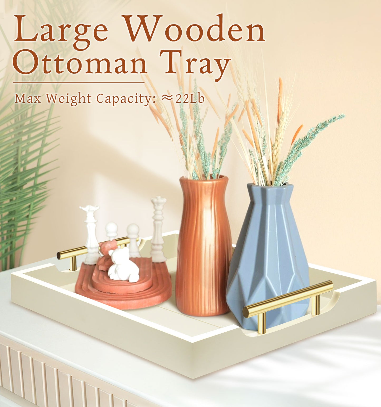 Sxnows Coffee Table Trays - Large Ottoman Tray for Living Room -Wood Serving Tray with 2 Sets of Handles - Wooden Tray for Coffee Table, 4 Round Coasters Included(Off-White)