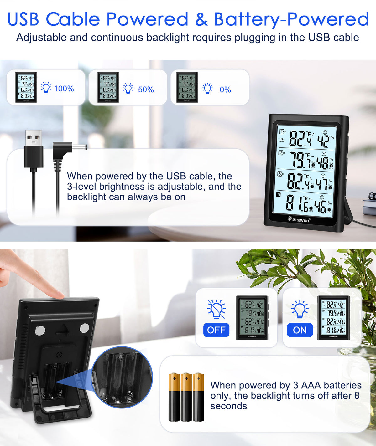 Geevon Indoor Outdoor Thermometer Digital Wireless with 3 Outdoor Sensors, Large LCD Display Digital Temperature Humidity Gauge with Backlight (LCD Display)