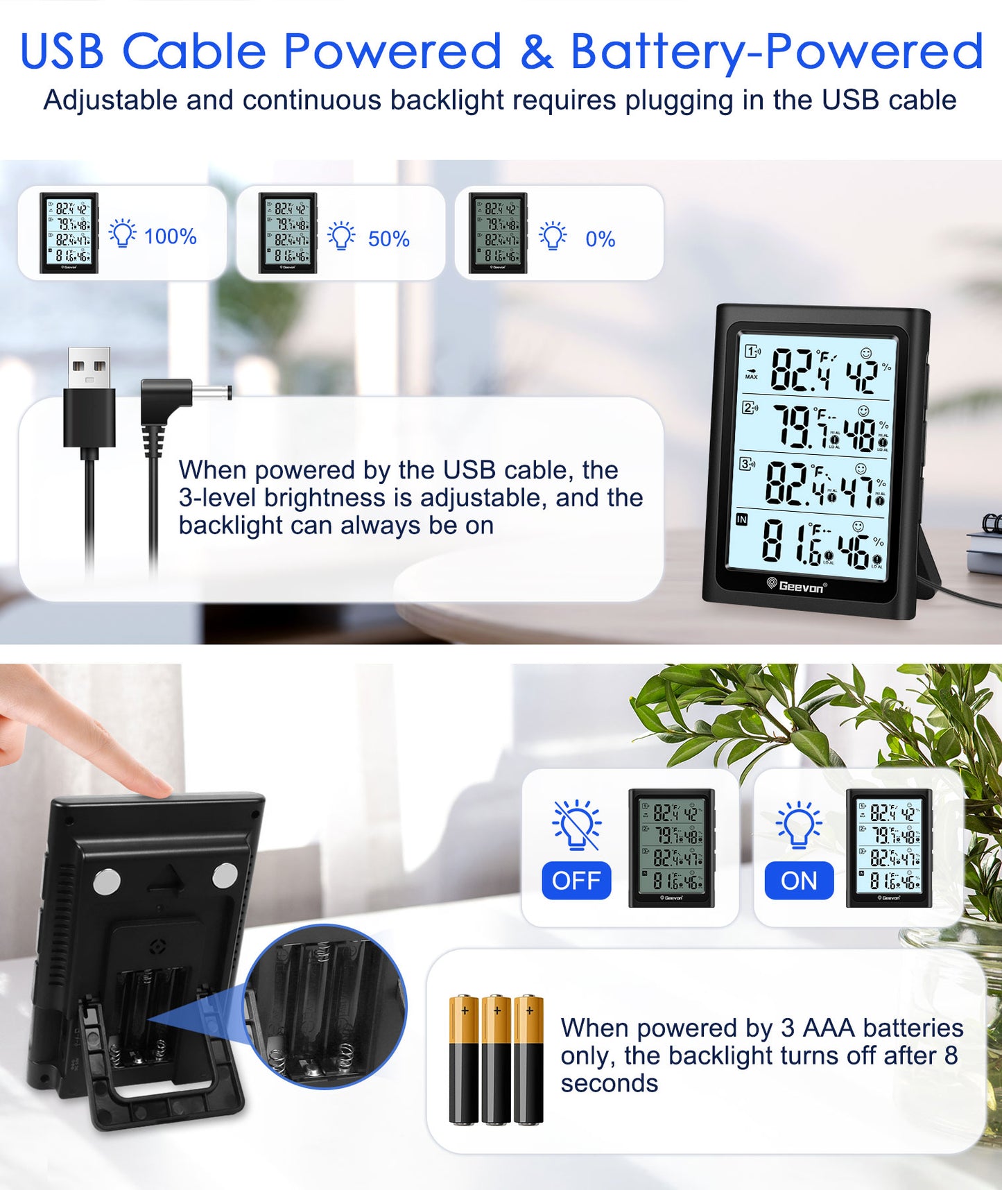 Geevon Indoor Outdoor Thermometer Digital Wireless with 3 Outdoor Sensors, Large LCD Display Digital Temperature Humidity Gauge with Backlight (LCD Display)