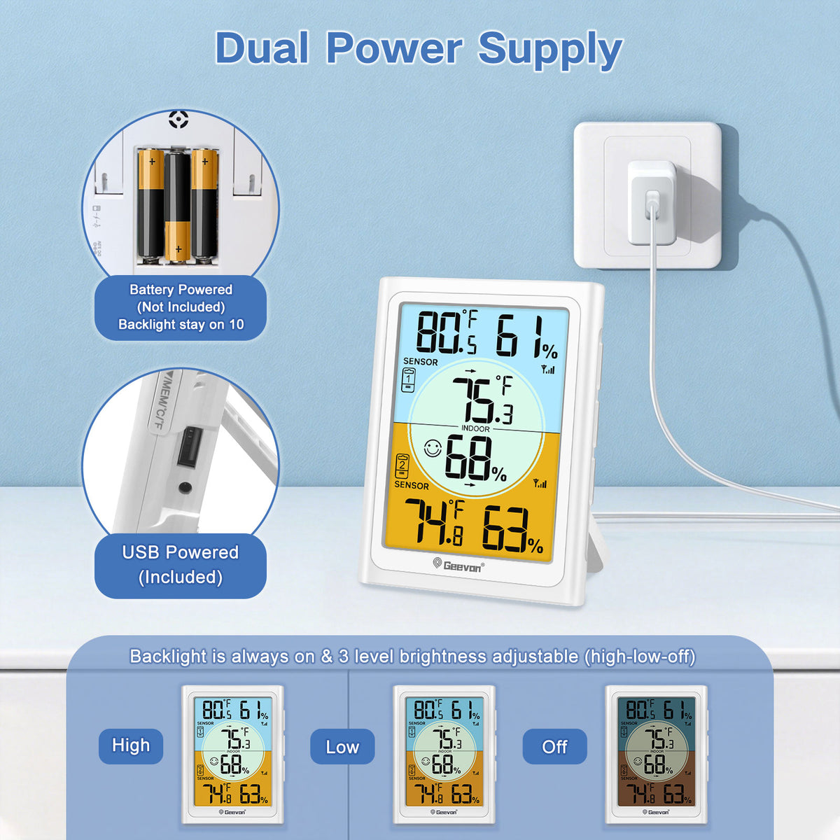 Geevon Wireless Refrigerator Thermometer, Dual Sensor Wireless Digital Fridge Freezer Thermometer Hygrometer with Alarm, Backlight, 330FT Remote Range for Home and Restaurants