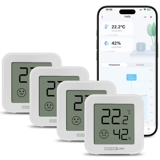 Geevon Bluetooth Thermometer Hygrometer, Indoor Temperature Humidity Sensor with HD Display, App Notification Alert, Historical Data Storage and Export(4 Pack )