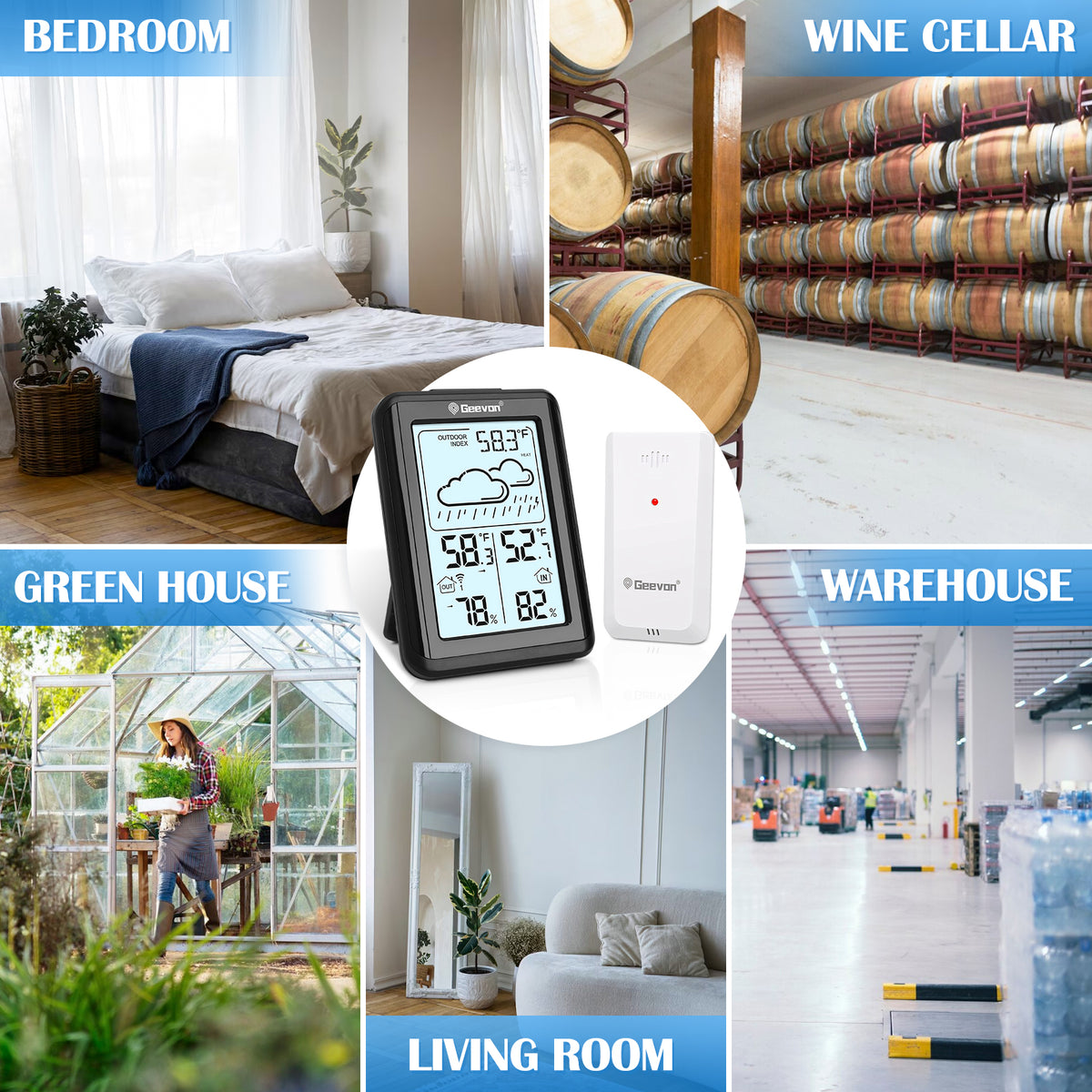 Geevon Indoor Outdoor Thermometer Wireless, Digital Temperature Humidity Monitor with Large Display, Thermohygrometer with Weather, 3 Channel, Mold/Dew/Heat, 10s Backlight, 200FT/60M Range