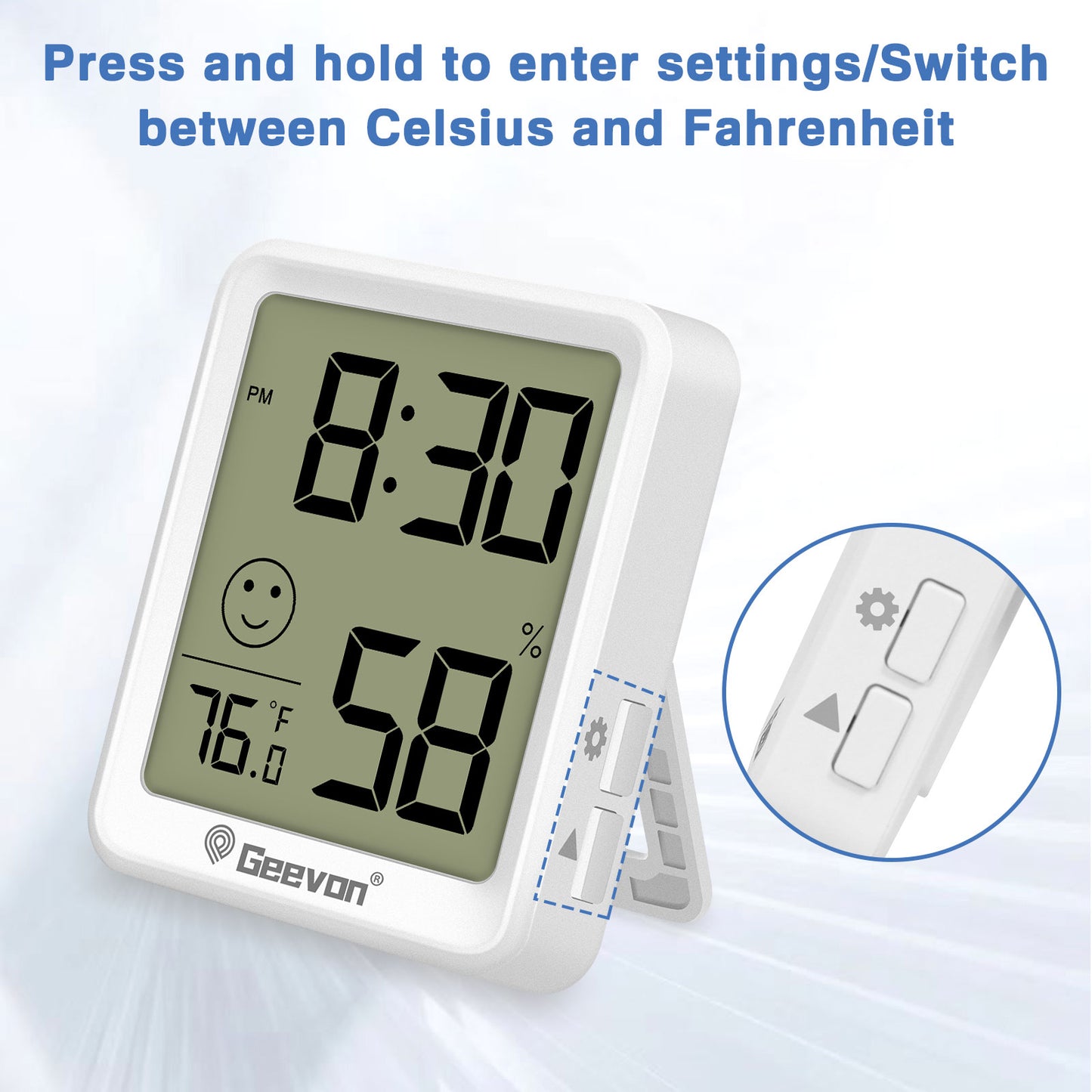 Geevon 4 Pack Digital Hygrometer Indoor Thermohygrometer , Room Thermometer Humidity Meter with Time for Home, Bedroom, Baby Room, Office, Greenhouse, Cellar (White)