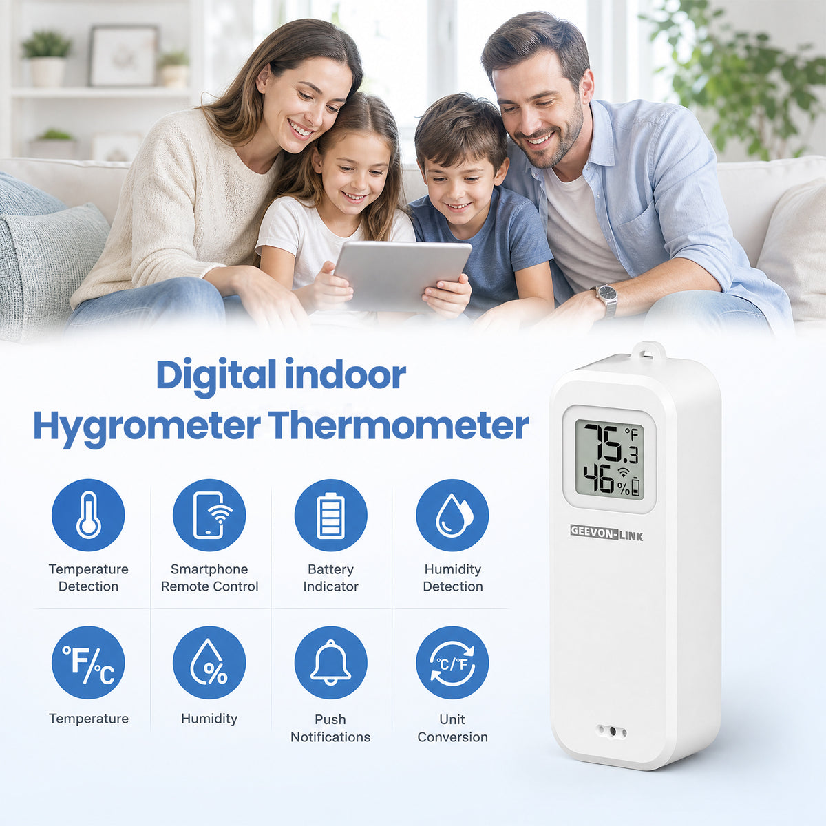 Geevon WiFi Thermometer Hygrometer, Smart Humidity Temperature Sensor with Display, Free Data Storage Export, Temp and humidity monitor with alert, For bedroom, wine cellar, basement(1 Pack)