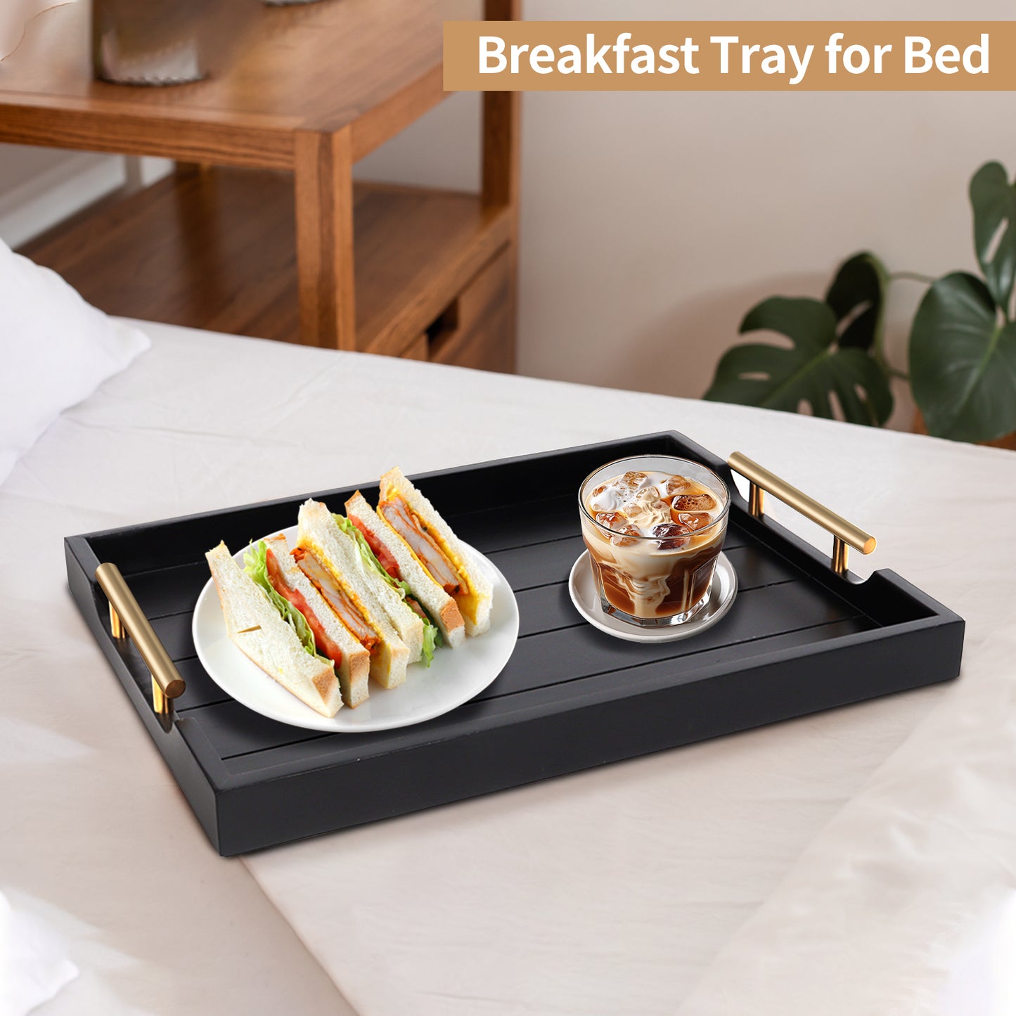 Sxnows Coffee Table Trays - Large Ottoman Tray for Living Room -Wood Serving Tray with 2 Sets of Handles - Wooden Tray for Coffee Table, 4 Round Coasters Included(Black)