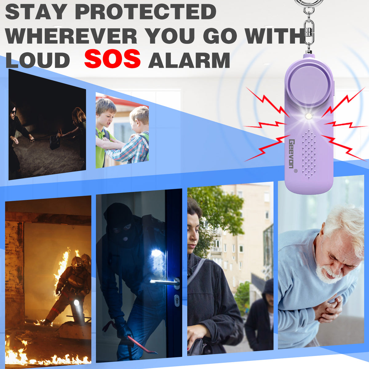 Geevon 3 Pack Personal Safety Alarms, 130DB Safe Sound Self Defense Alarm Siren with Strobe Light, Emergency Security Alert Devices for Women, Elderly, Children (2 Pack Purple & 1 Pack Mint Green)