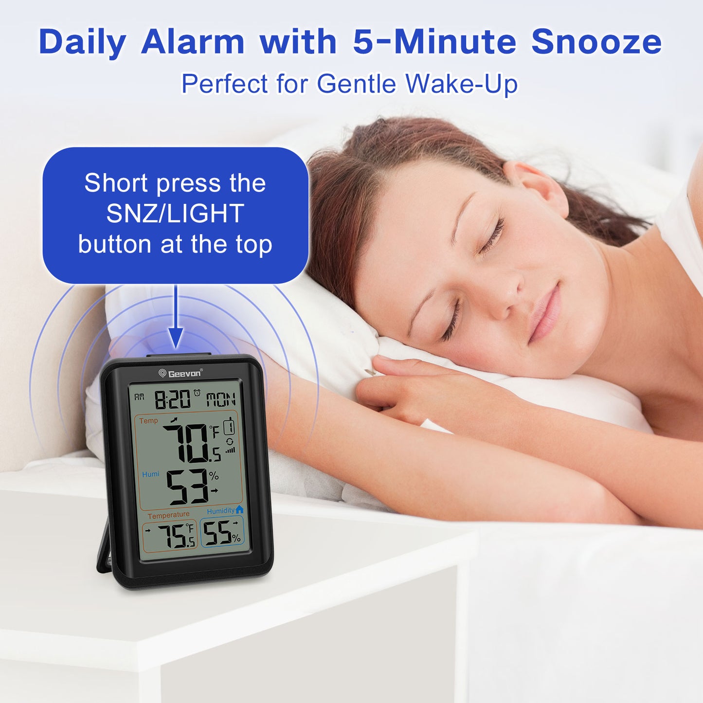 Geevon Indoor Outdoor Thermometer Wireless, Digital Temperature & Humidity Monitor with Alarm Clock, 3.8" Large Display, Backlight, 3 Channels, Battery Operated for Home, Bedroom, Greenhouse