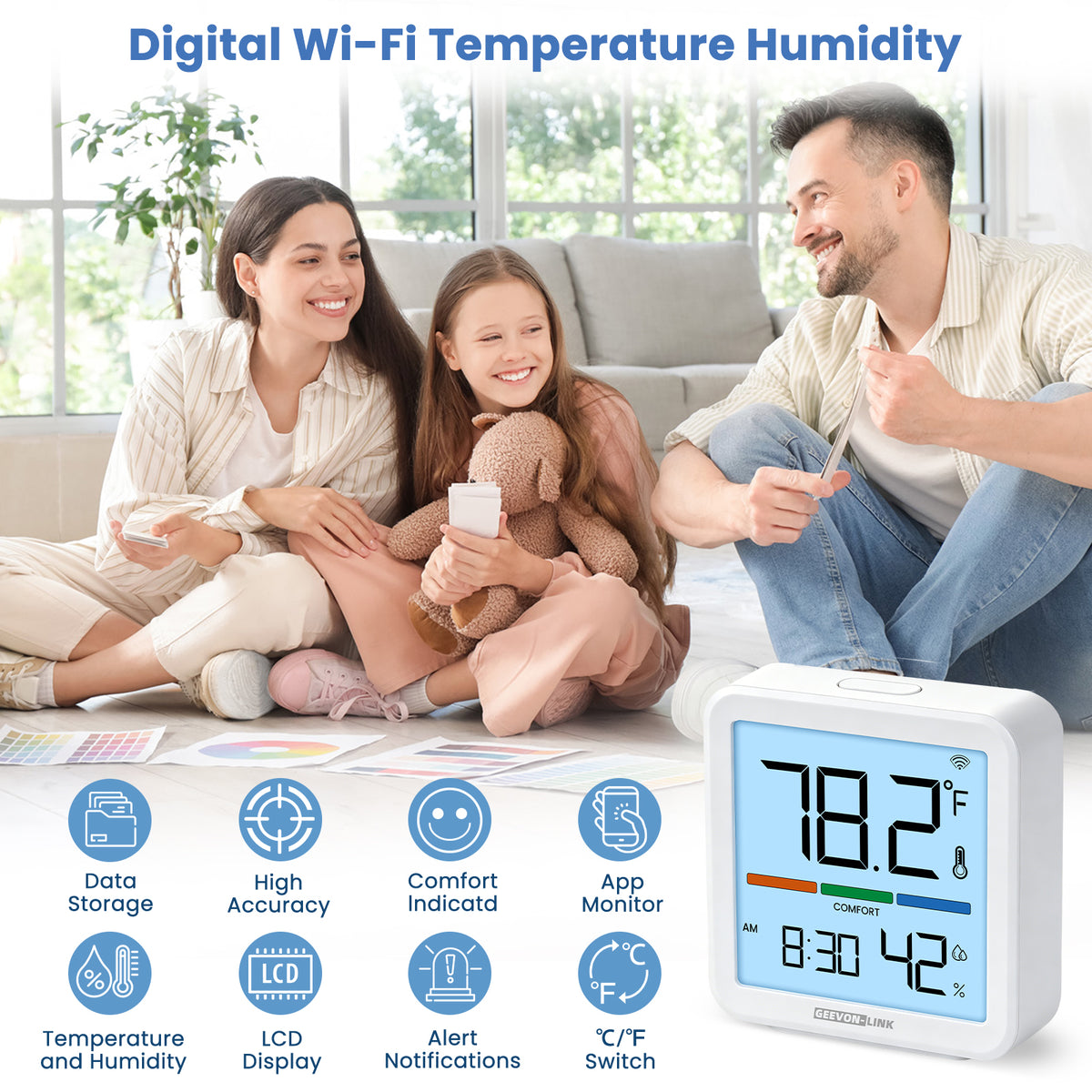 Geevon WiFi Thermometer Hygrometer with App Email Notification Wireless Digital Humidity Temperature Monitor, 2.4G wifi, LCD, Historical Data Storage and Export, for Bedroom, Wine Cellar(1 Pack)
