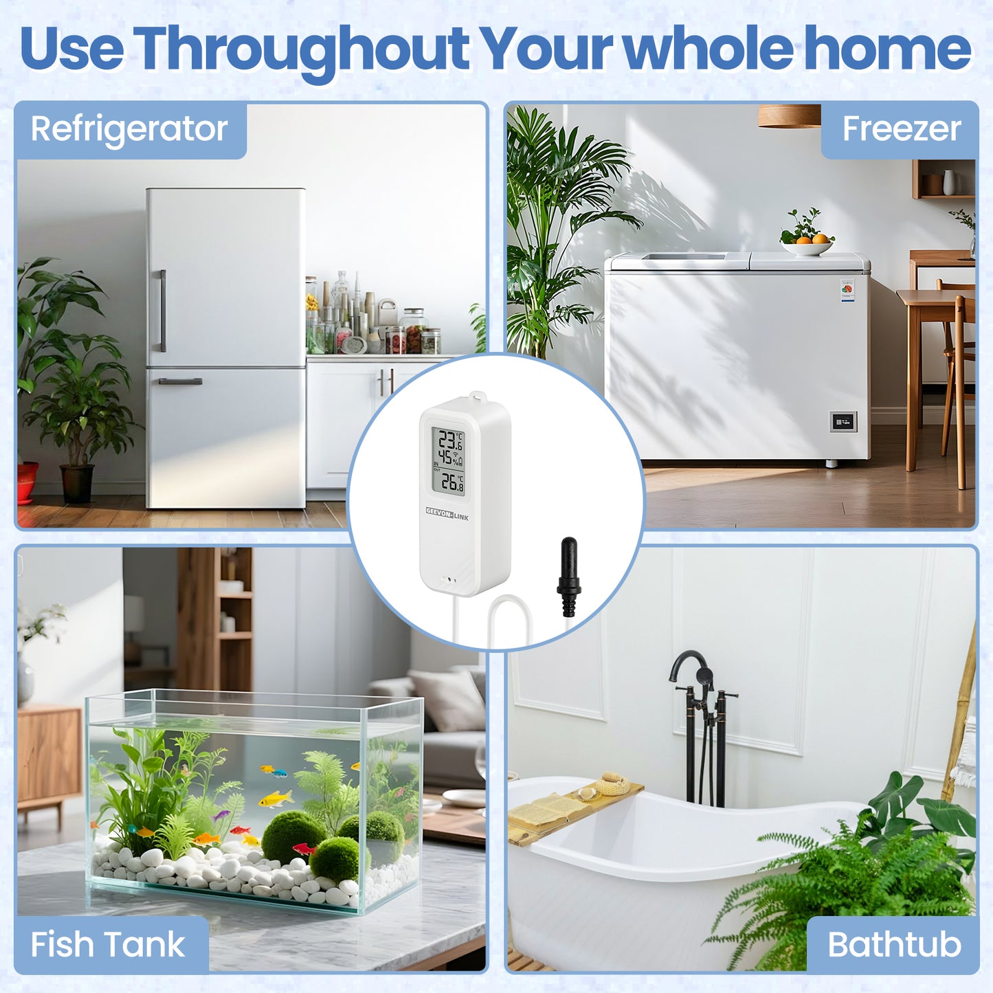 Geevon WiFi Refrigerator Thermometer with Alarm, Freezer Temperature with Probe, Wireless Digital Fridge Thermometer Humidity Sensor, Historical Data Export, for Home Kitchen Fridge Tub(1 Pack)