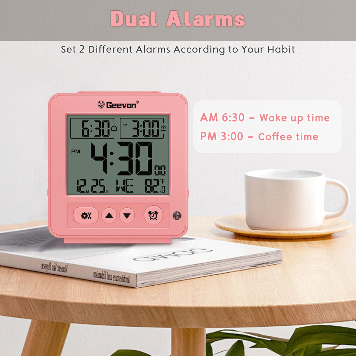 Geevon Smart Night Light Small Digital Alarm Clock with 2 Increasing Beep Alarm, Indoor Temperature, Battery Operated Travel Alarm Clock for Bedroom, Bedside, Desk(Pink)