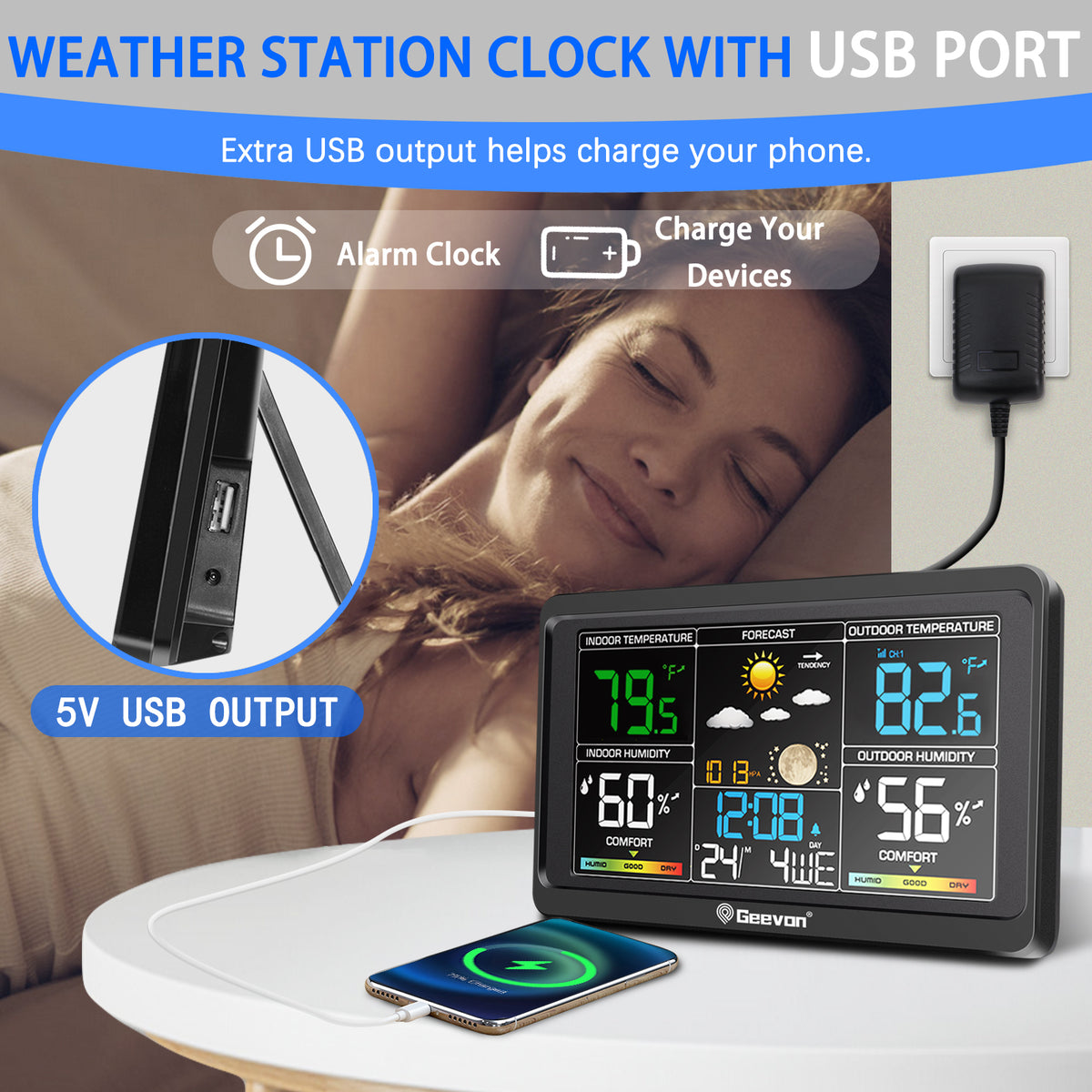 Geevon Weather Station Wireless Indoor Outdoor Thermometer, Color Display Digital Weather Thermometer with Atomic Clock, Barometric Pressure, Calendar, USB Charge, and Backlight