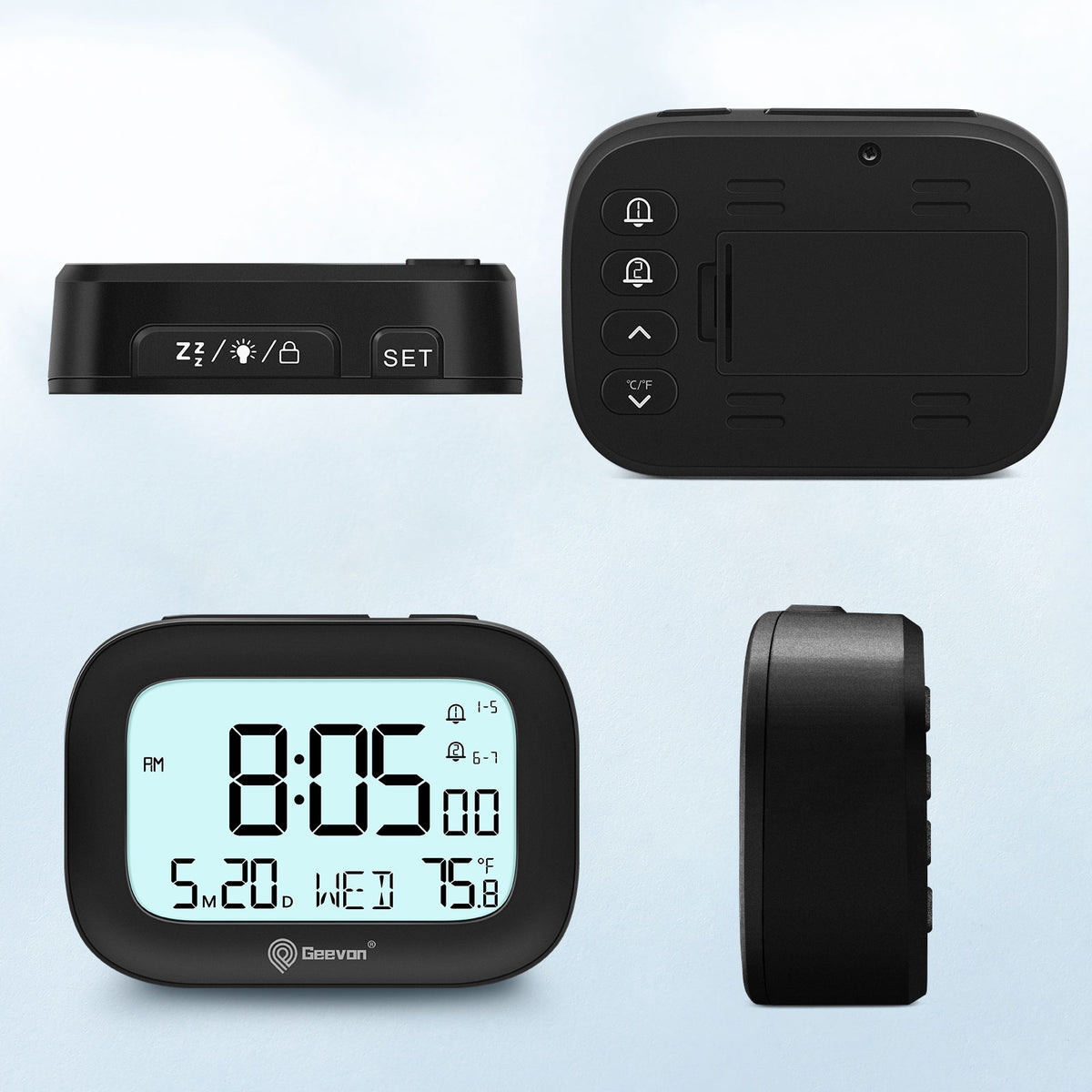 Geevon Small Travel Alarm Clock, Digital Alarm Clocks for Bedrooms Home Office, Battery Operated Desk Clock with 3 Inch Large Display, 2 Alarms, 5s Backlight, Snooze, Indoor Temperature(Black)