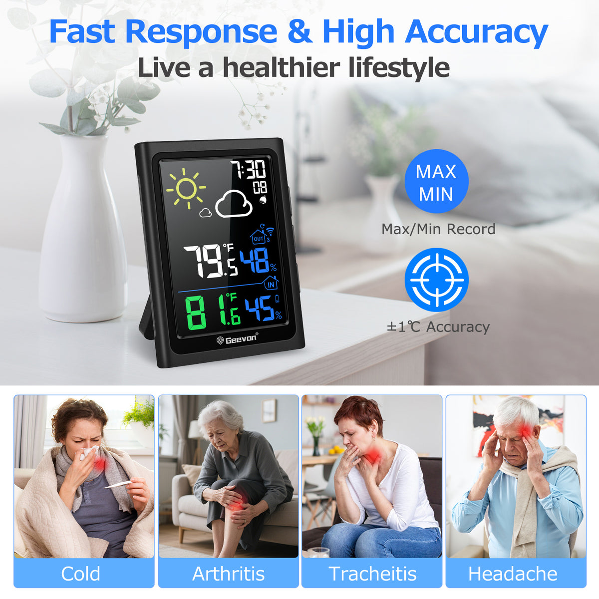 Geevon Indoor Outdoor Thermometer Wireless Weather Station with Color Display, Digital Hygrometer Temperature Humidity Monitor with Alarm Clock and Backlight