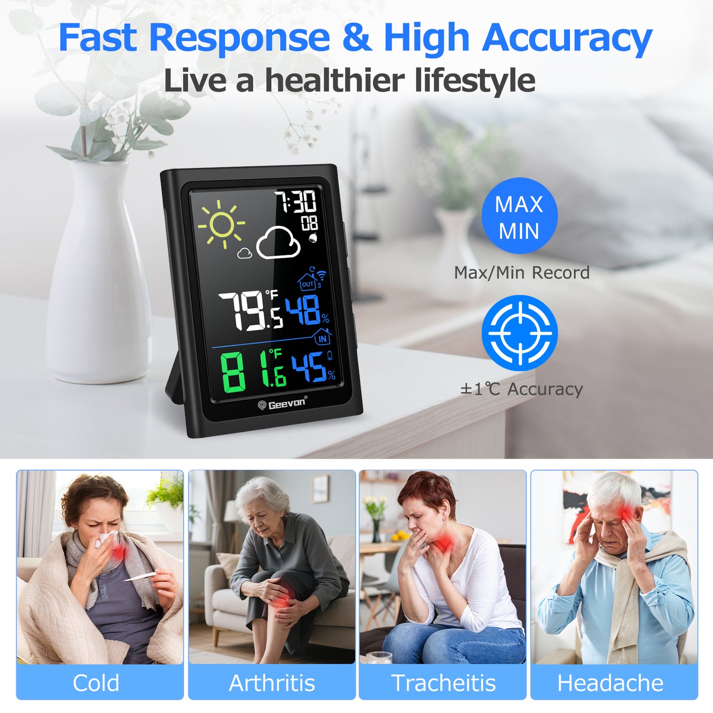 Geevon Indoor Outdoor Thermometer Wireless Weather Station with Color Display, Digital Hygrometer Temperature Humidity Monitor with Alarm Clock and Backlight