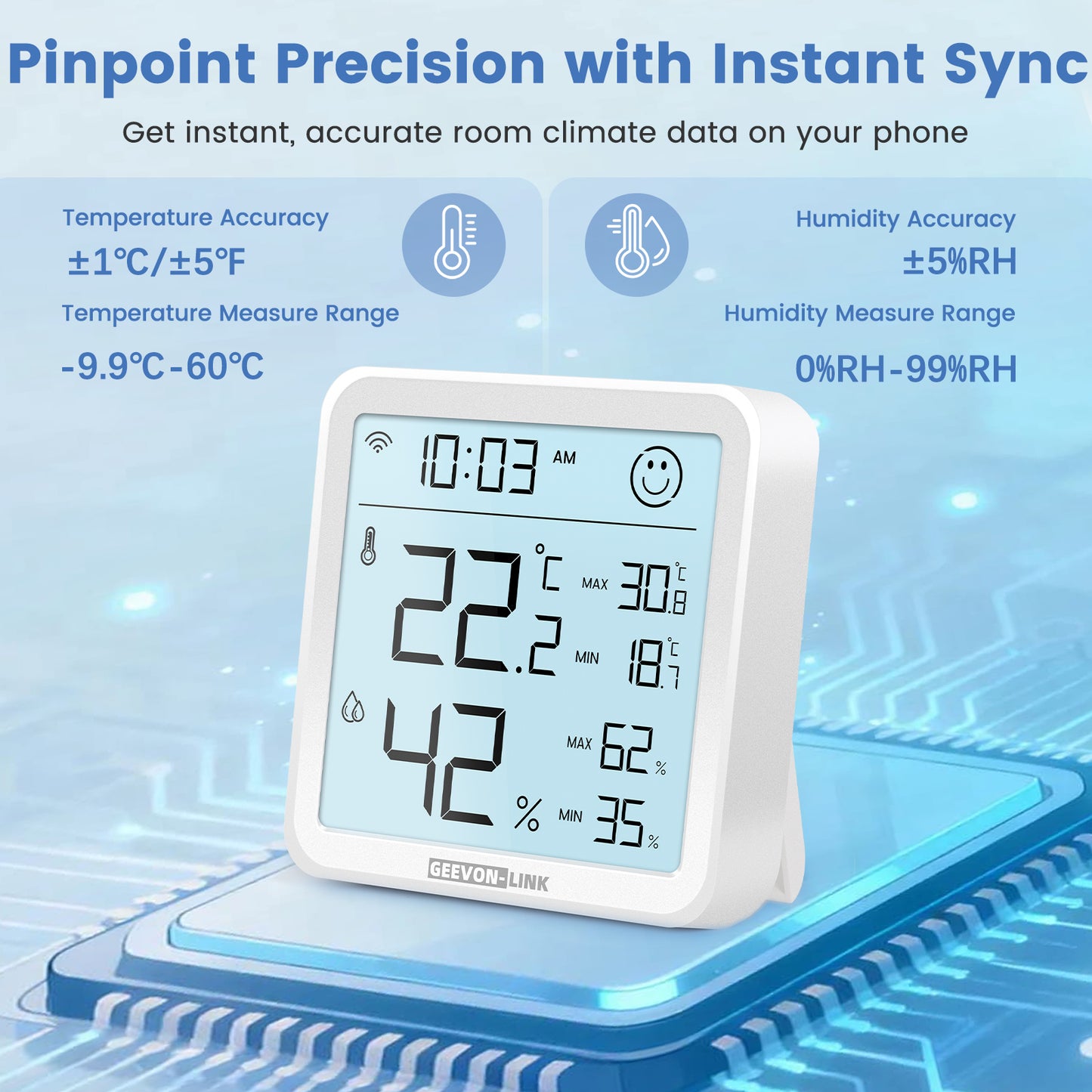 Geevon Indoor WiFi Hygrometer Thermometer, Bluetooth WiFi Humidity Temperature Gauge with Large LCD Display, with Max Min Records, Historical Data Storage and Export for Room Greenhouse(2 Pack )