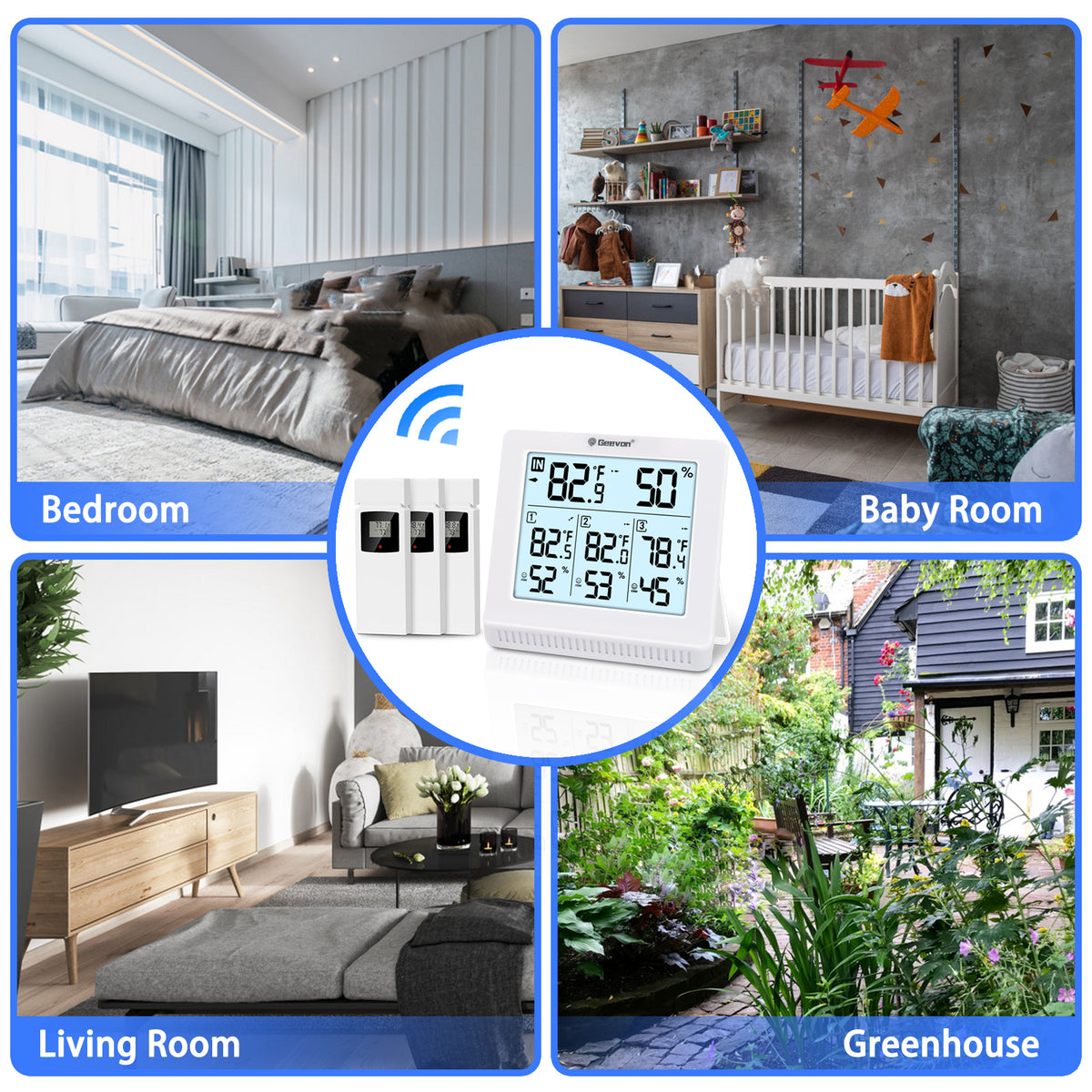 Geevon Indoor Outdoor Thermometer Wireless with 3 Remote Sensors, Wireless Thermohygrometer, Digital Temperature Humidity Meter with Backlight, 200FT/60M Transmission