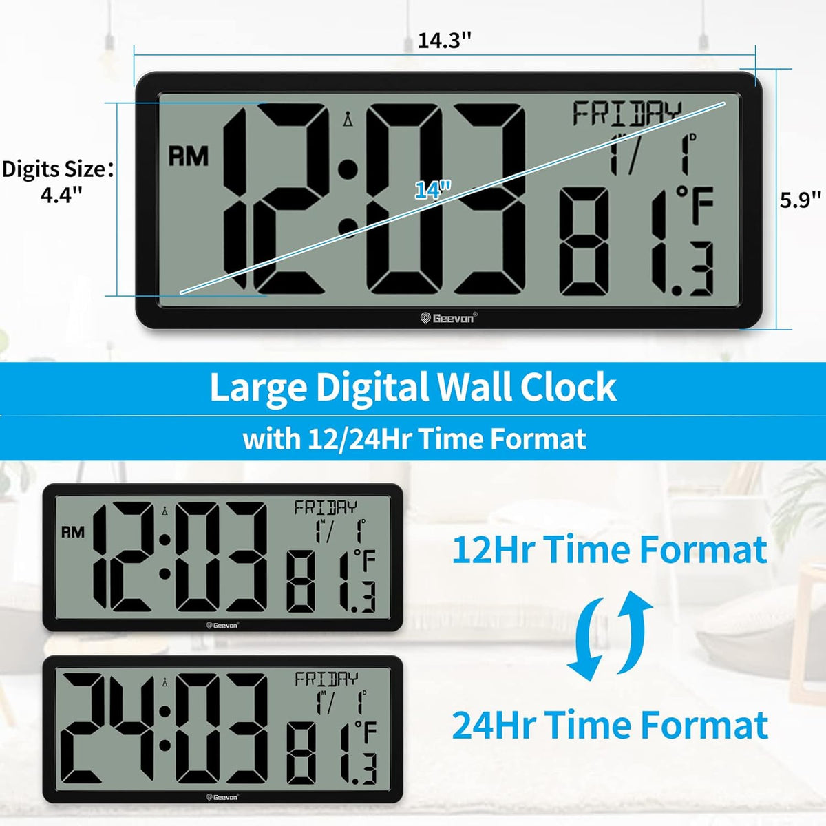 Geevon 14.3" Atomic Clock, Large Atomic Digital Wall Clock with Indoor Temperature, Date, 4.4" Jumbo Digits for Home Office, Living Room, Dining Room (Black)