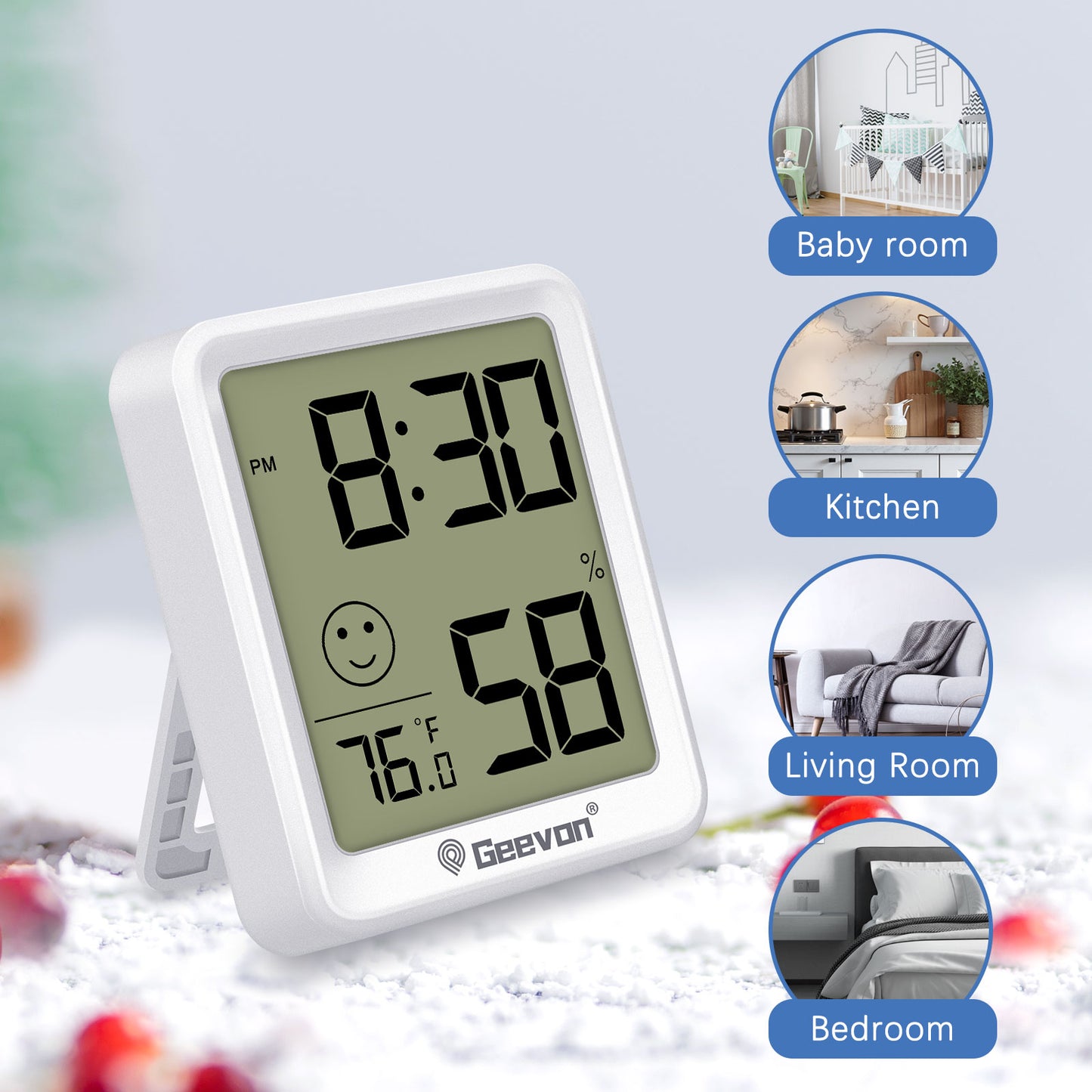Geevon 4 Pack Digital Hygrometer Indoor Thermohygrometer , Room Thermometer Humidity Meter with Time for Home, Bedroom, Baby Room, Office, Greenhouse, Cellar (White)