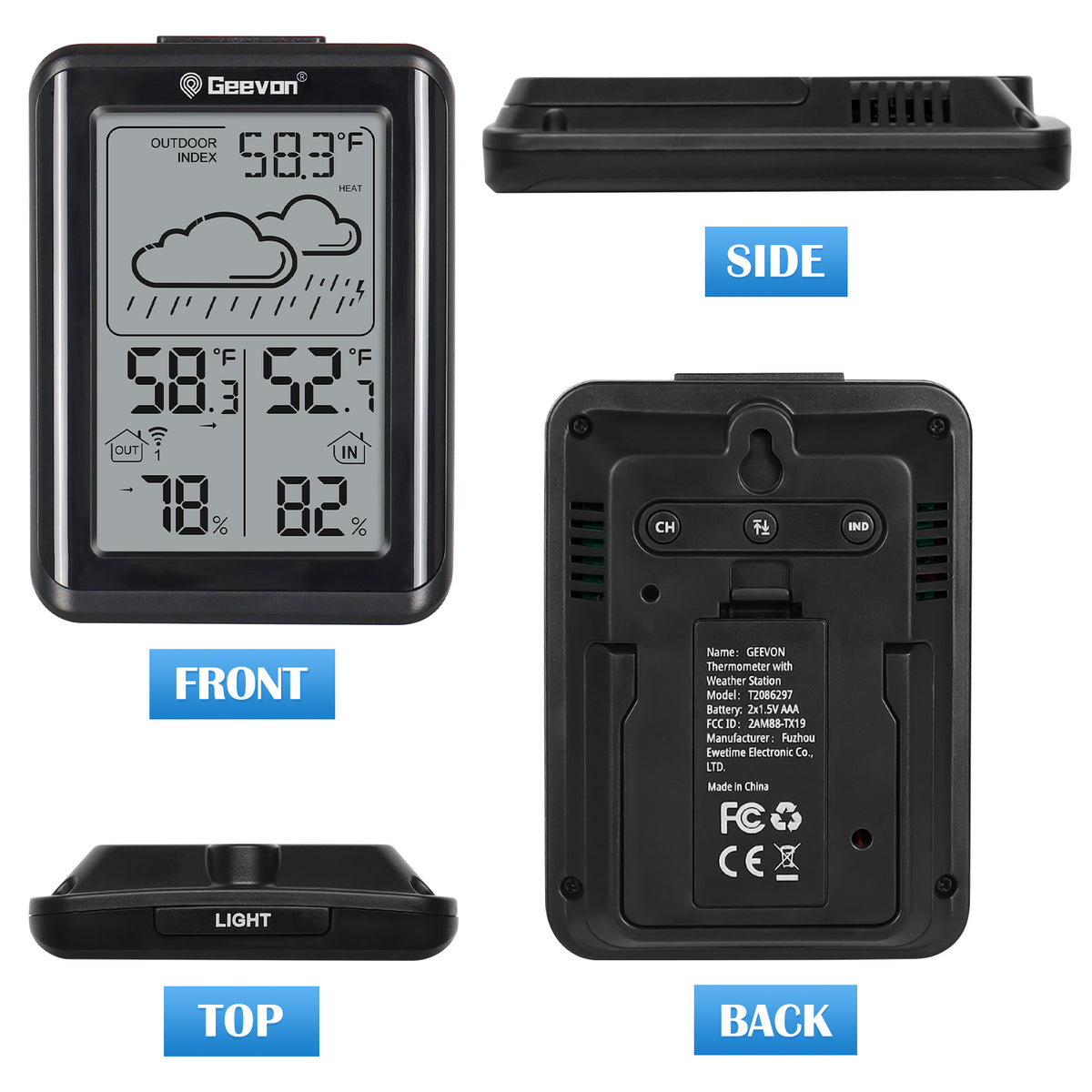 Geevon Indoor Outdoor Thermometer Wireless, Digital Temperature Humidity Monitor with Large Display, Thermohygrometer with Weather, 3 Channel, Mold/Dew/Heat, 10s Backlight, 200FT/60M Range