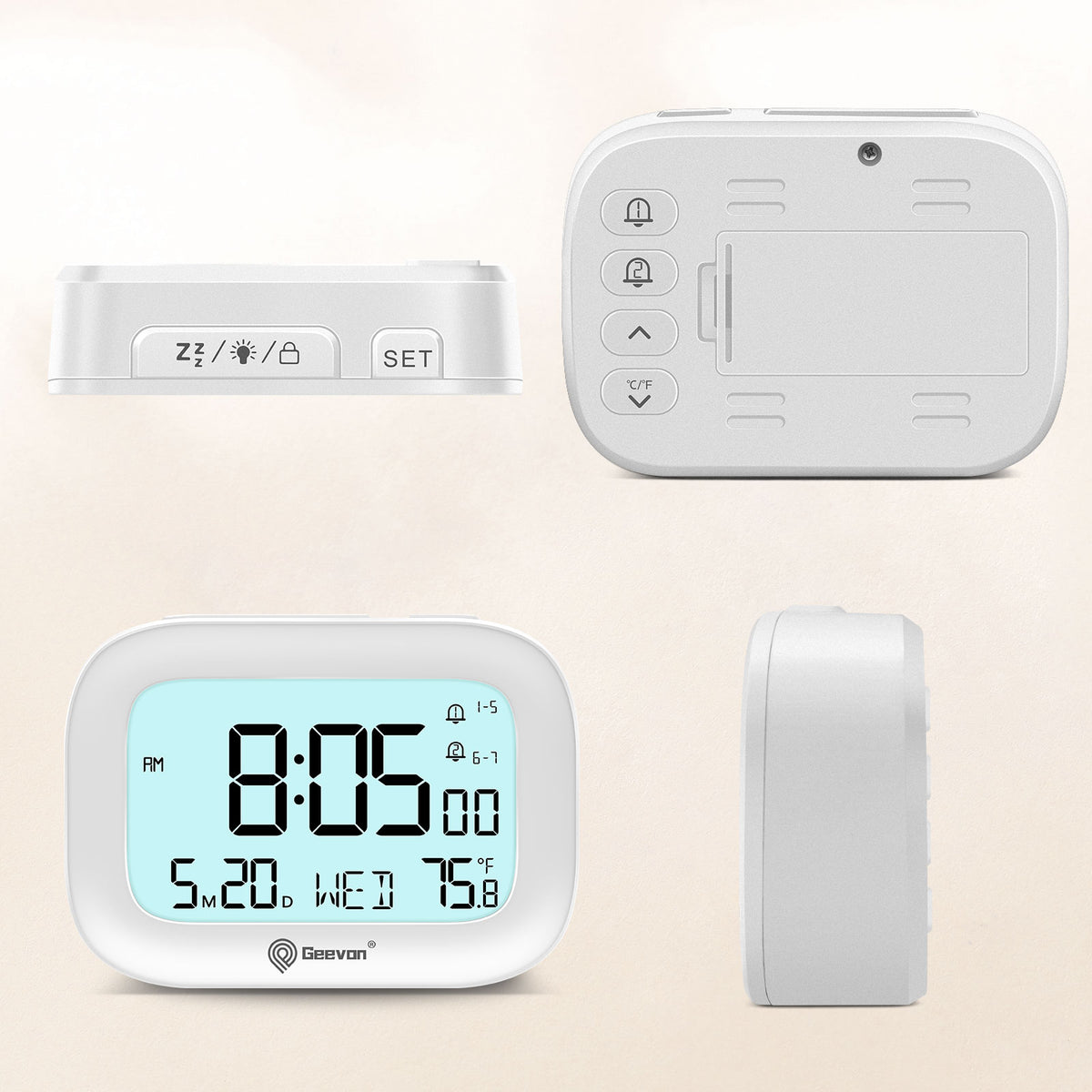 Geevon Small Travel Alarm Clock, Digital Alarm Clocks for Bedrooms Home Office, Battery Operated Desk Clock with 3 Inch Large Display, 2 Alarms, 5s Backlight, Snooze, Indoor Temperature(White)