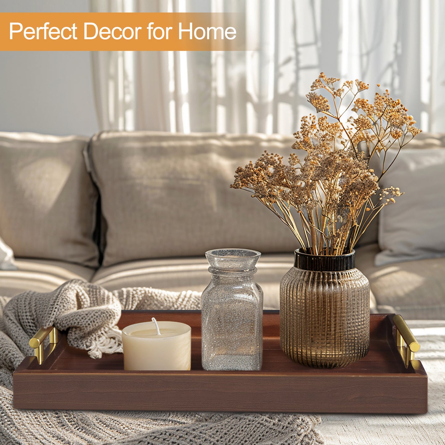 Sxnows Coffee Table Trays - Large Ottoman Tray for Living Room -Wood Serving Tray with 2 Sets of Handles - Wooden Tray for Coffee Table, 4 Round Coasters Included(Dark Brown)