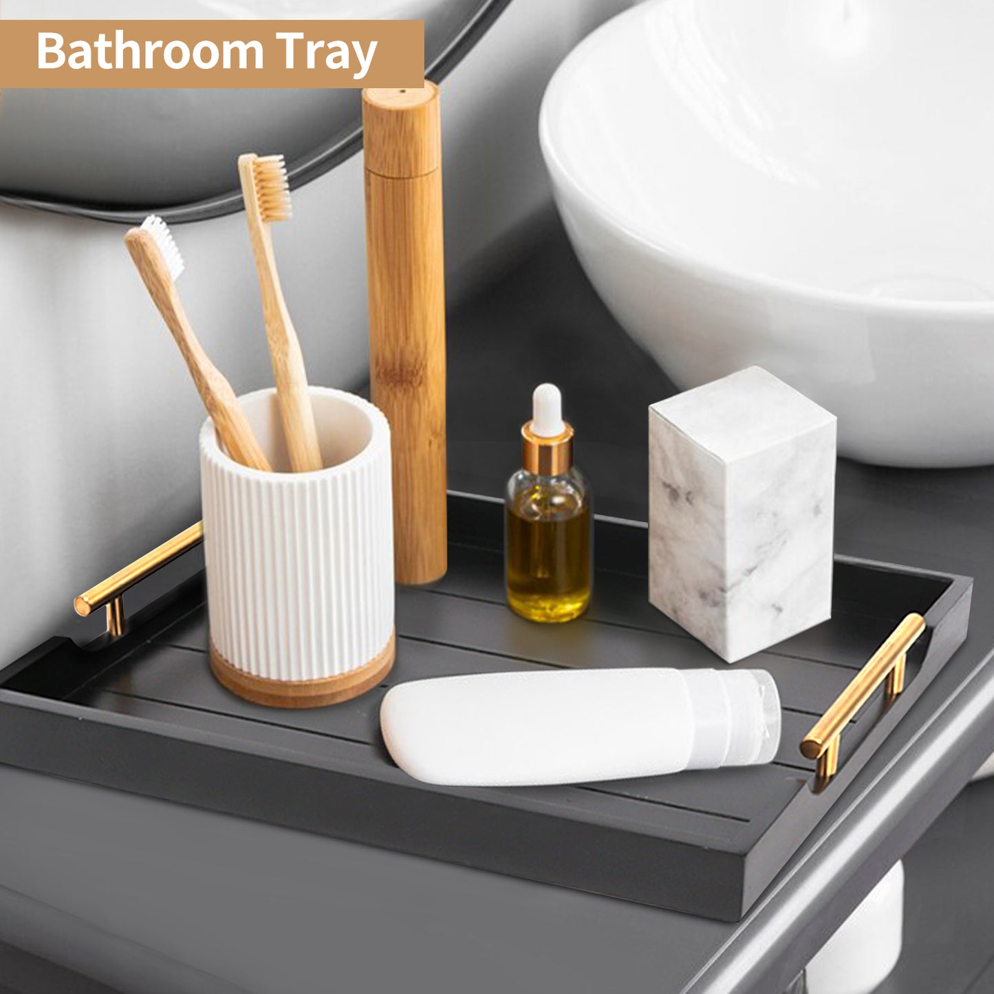 Sxnows Coffee Table Trays - Large Ottoman Tray for Living Room -Wood Serving Tray with 2 Sets of Handles - Wooden Tray for Coffee Table, 4 Round Coasters Included(Black)
