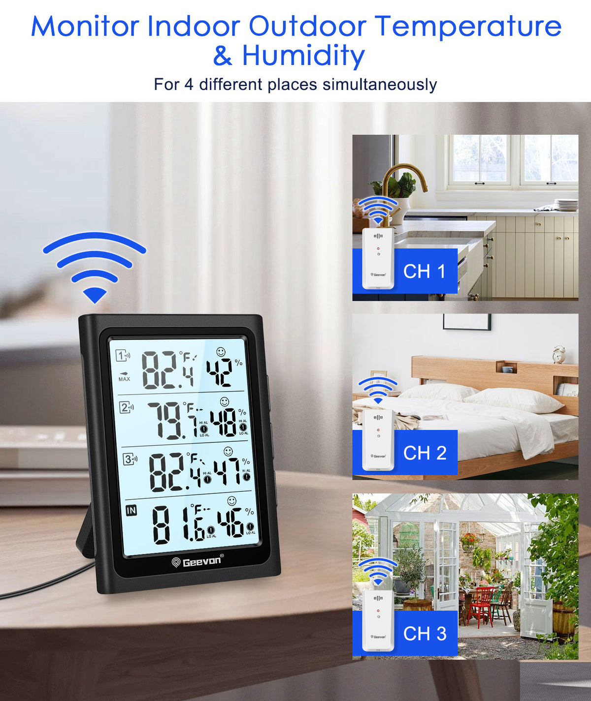 Geevon Indoor Outdoor Thermometer Digital Wireless with 3 Outdoor Sensors, Large LCD Display Digital Temperature Humidity Gauge with Backlight (LCD Display)