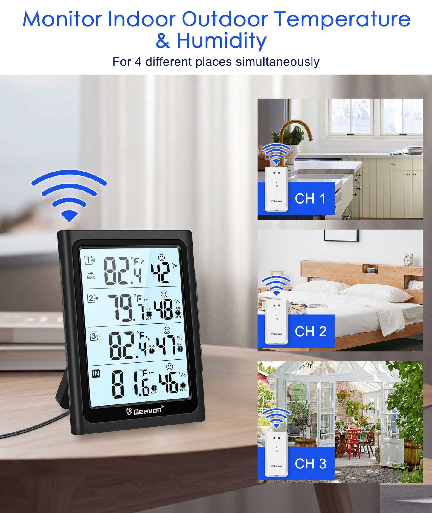 Geevon Indoor Outdoor Thermometer Digital Wireless with 3 Outdoor Sensors, Large LCD Display Digital Temperature Humidity Gauge with Backlight (LCD Display)