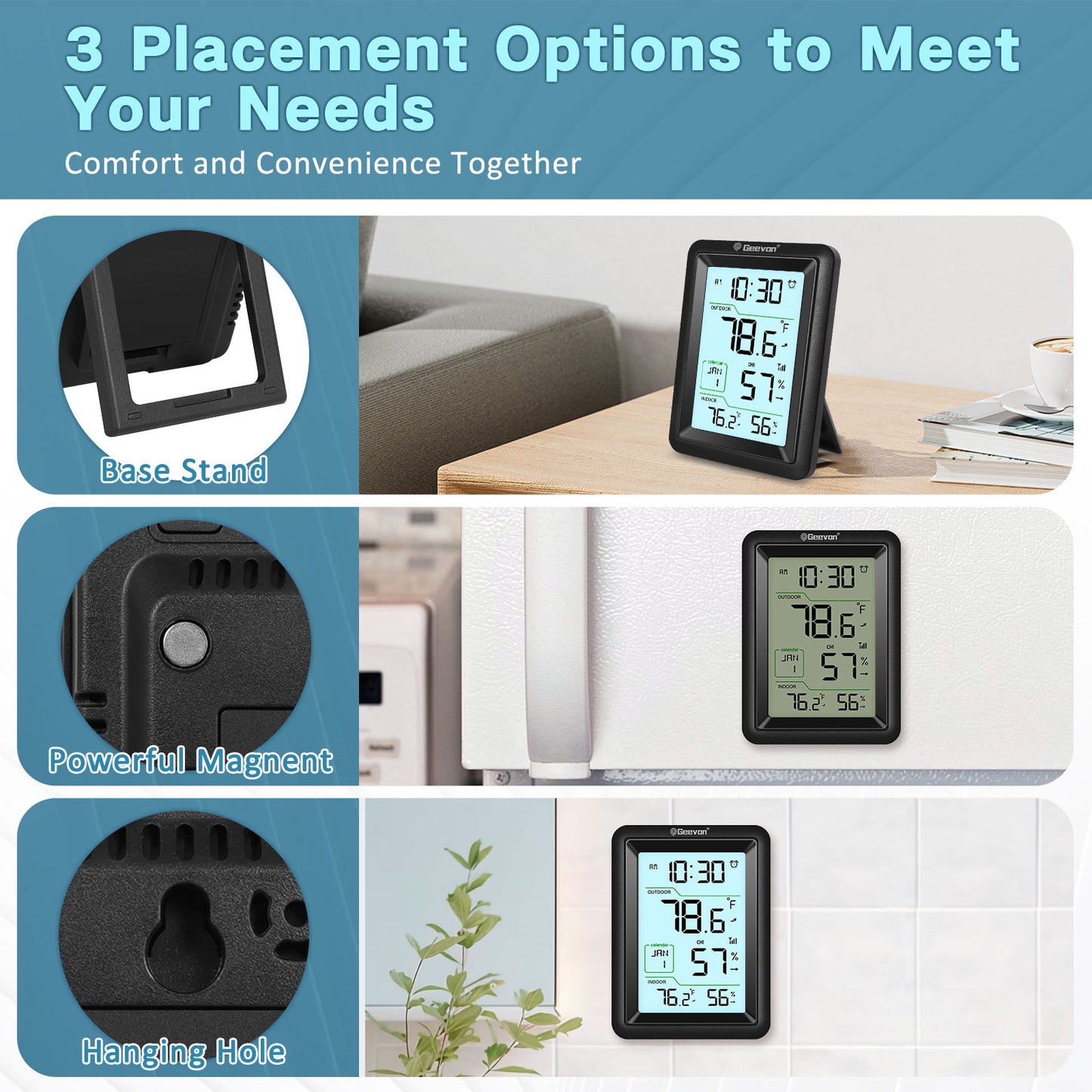 Geevon Wireless Indoor Outdoor Thermometer & Hygrometer with Remote Sensor, Digital Thermohygrometer Monitor with Alarm Clock, 10s Backlight, for Home, Bedroom, Greenhouse