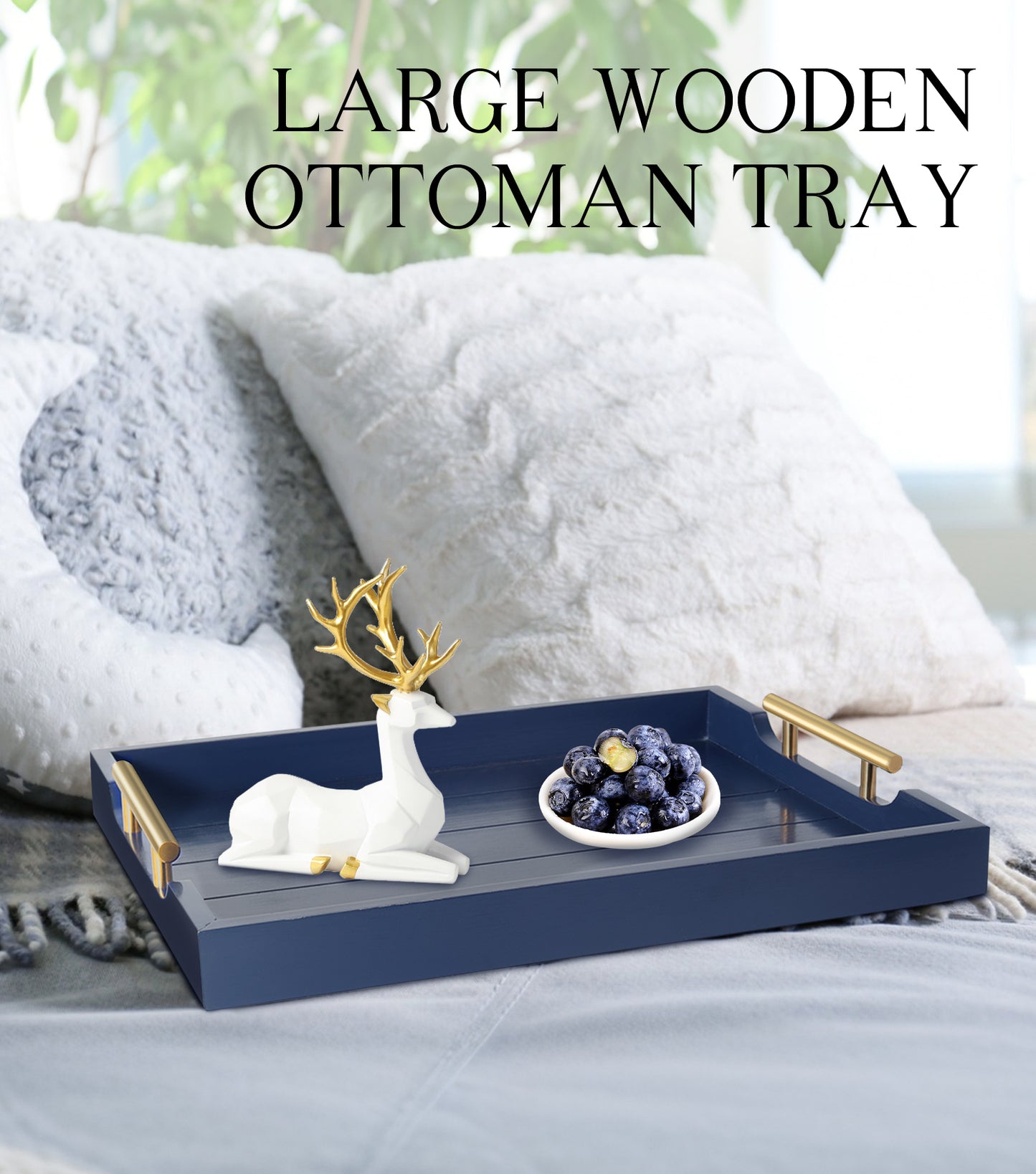 Sxnows Coffee Table Trays - Large Ottoman Tray for Living Room -Wood Serving Tray with 2 Sets of Handles - Wooden Tray for Coffee Table, 4 Round Coasters Included(Deep Blue)