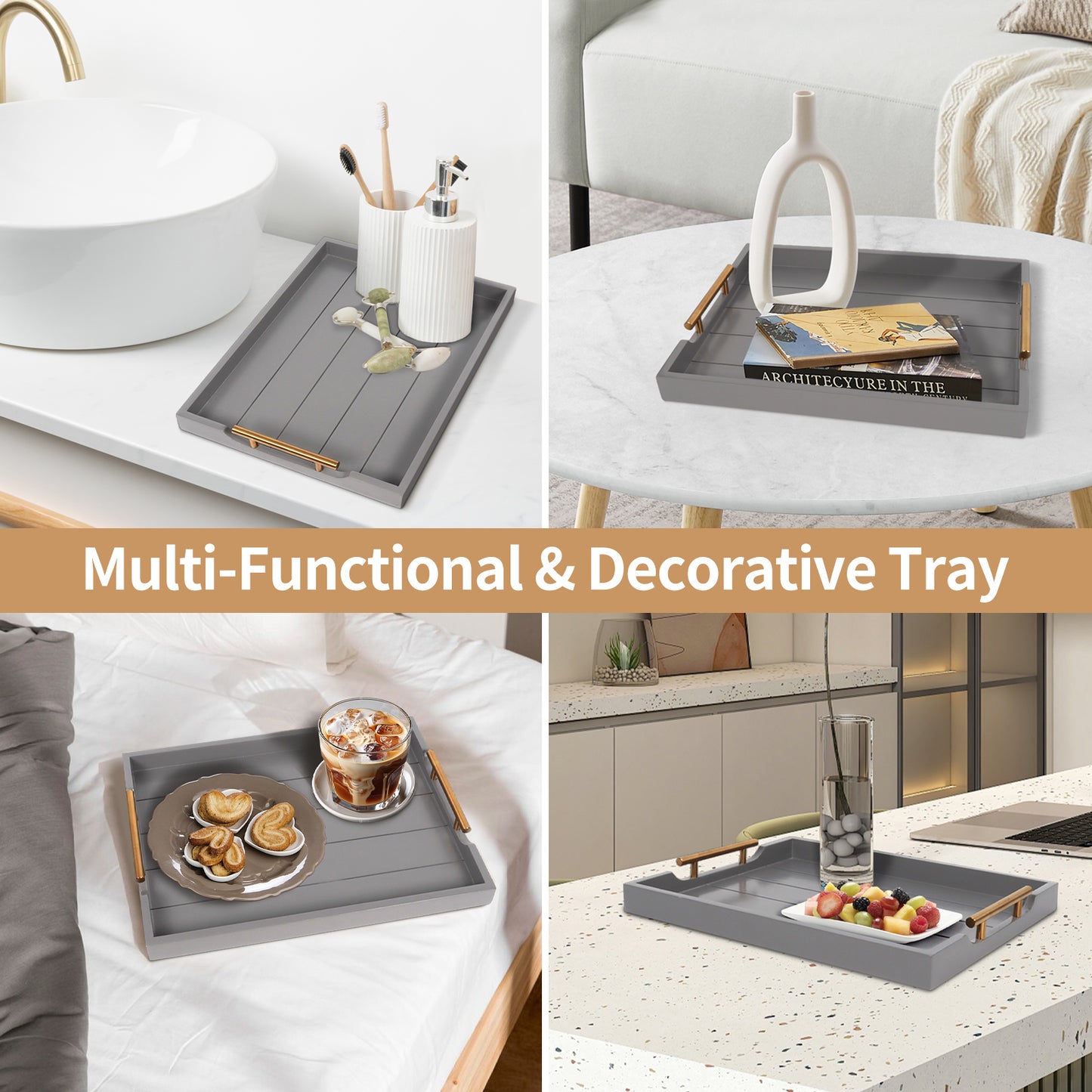 Sxnows Coffee Table Trays - Large Ottoman Tray for Living Room -Wood Serving Tray with 2 Sets of Handles - Wooden Tray for Coffee Table, 4 Round Coasters Included(Gray)